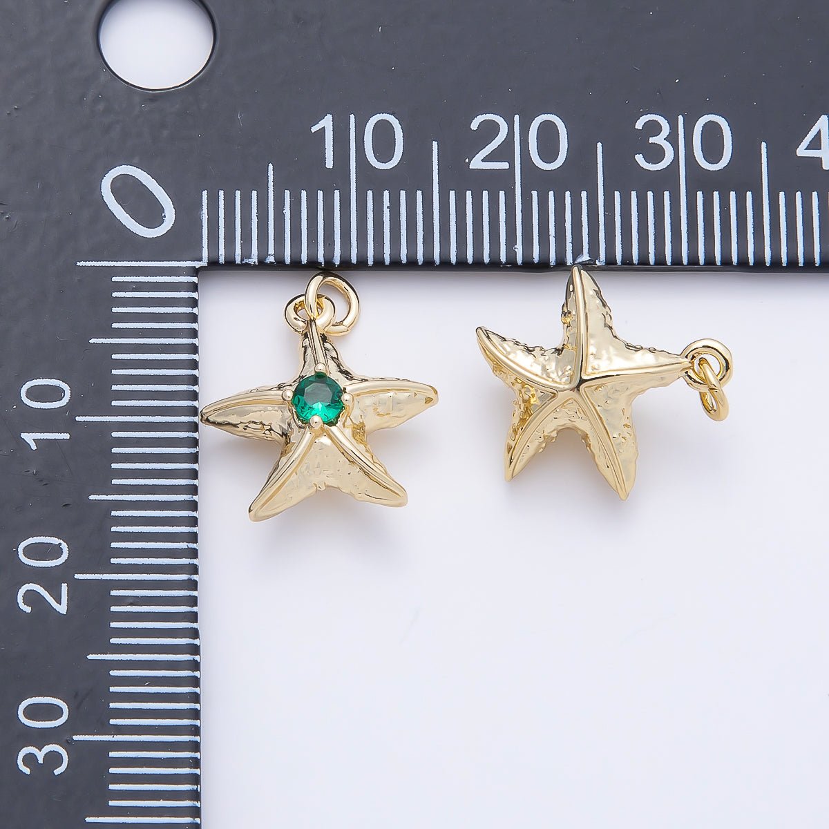 16K Gold Filled 14.5mm Green Teal CZ Textured 3D Multidimensional Starfish Charm | Charms-01255 - DLUXCA