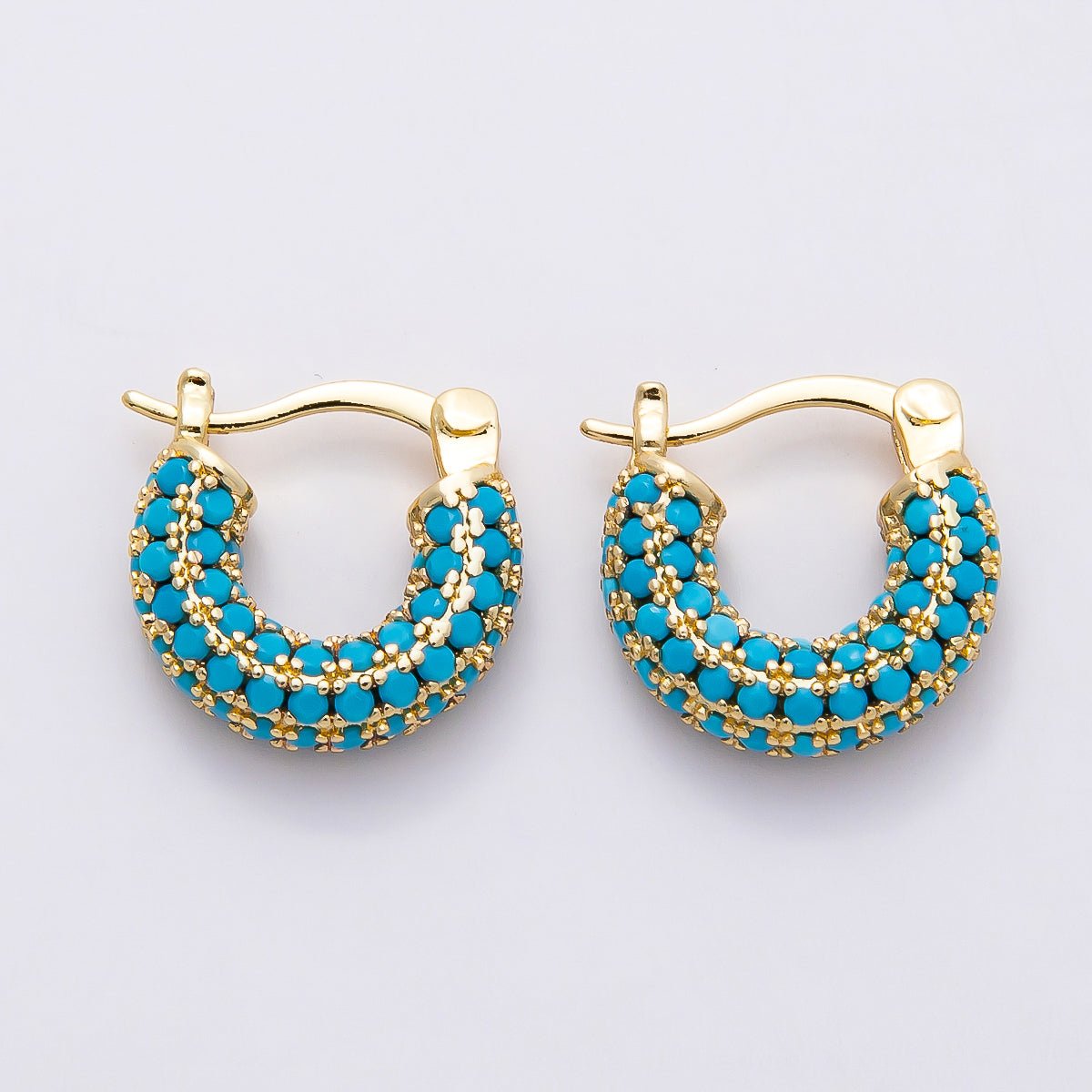16K Gold Filled 14.5mm Turquoise Micro Paved CZ Chubby Latch Hoop Earrings | Earrings - 00380 - DLUXCA