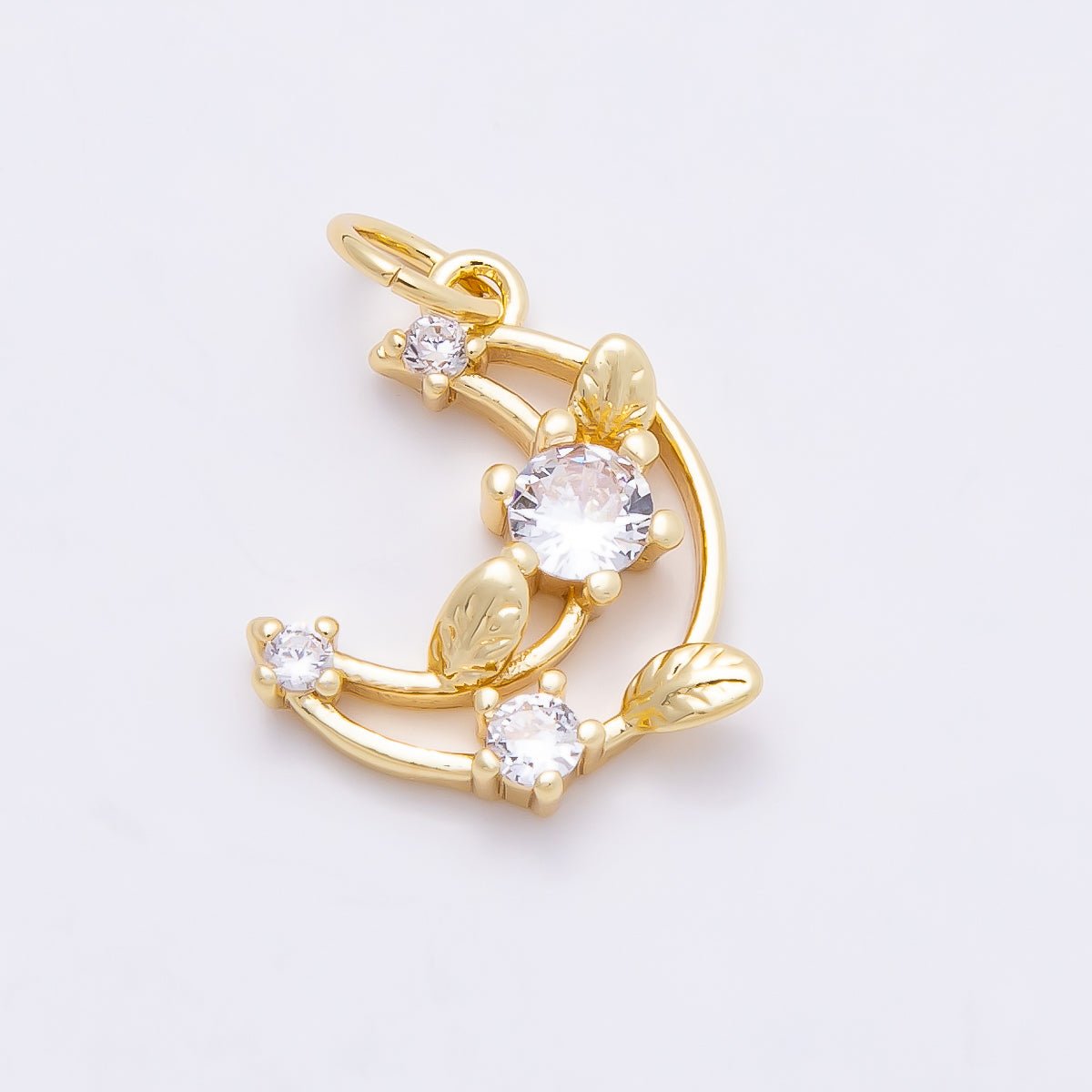 16K Gold Filled 14mm Clear CZ Celestial Crescent Moon Leaf Open Charm | Charms - 00866 - DLUXCA