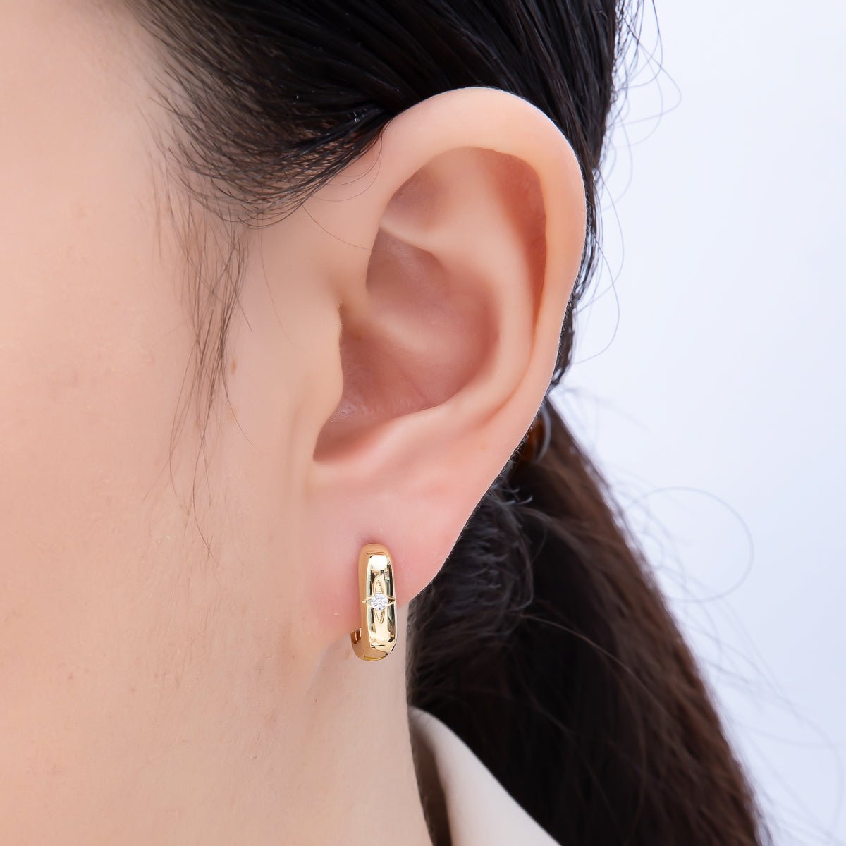 16K Gold Filled 14mm Clear CZ Celestial North Star Oblong Hoop Earrings | Earrings - 00342 - DLUXCA