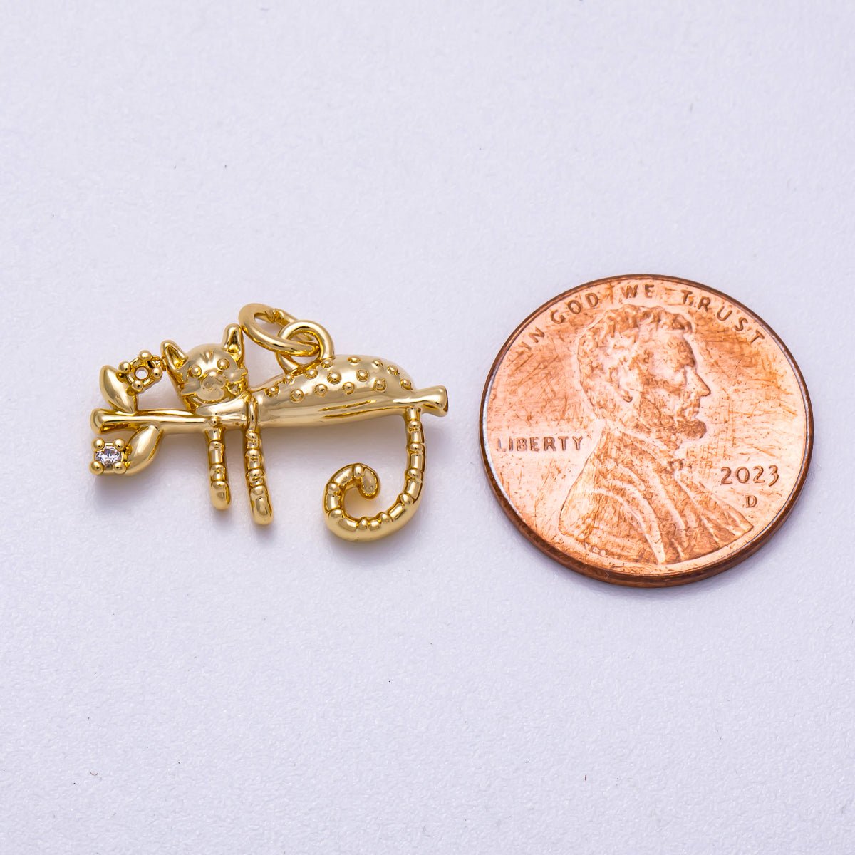 16K Gold Filled 14mm Clear CZ Tree Branch Cat Kitten Pet Animal Charm | Charms - 00598 - DLUXCA