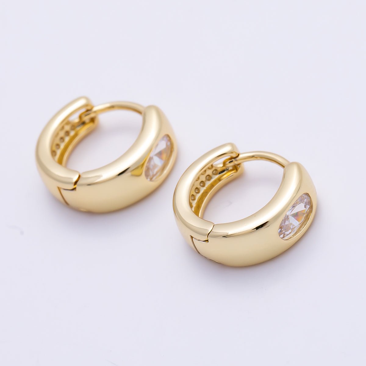 16K Gold Filled 14mm Clear Oval CZ Minimalist Dome Oblong Huggie | Earrings-00699 - DLUXCA