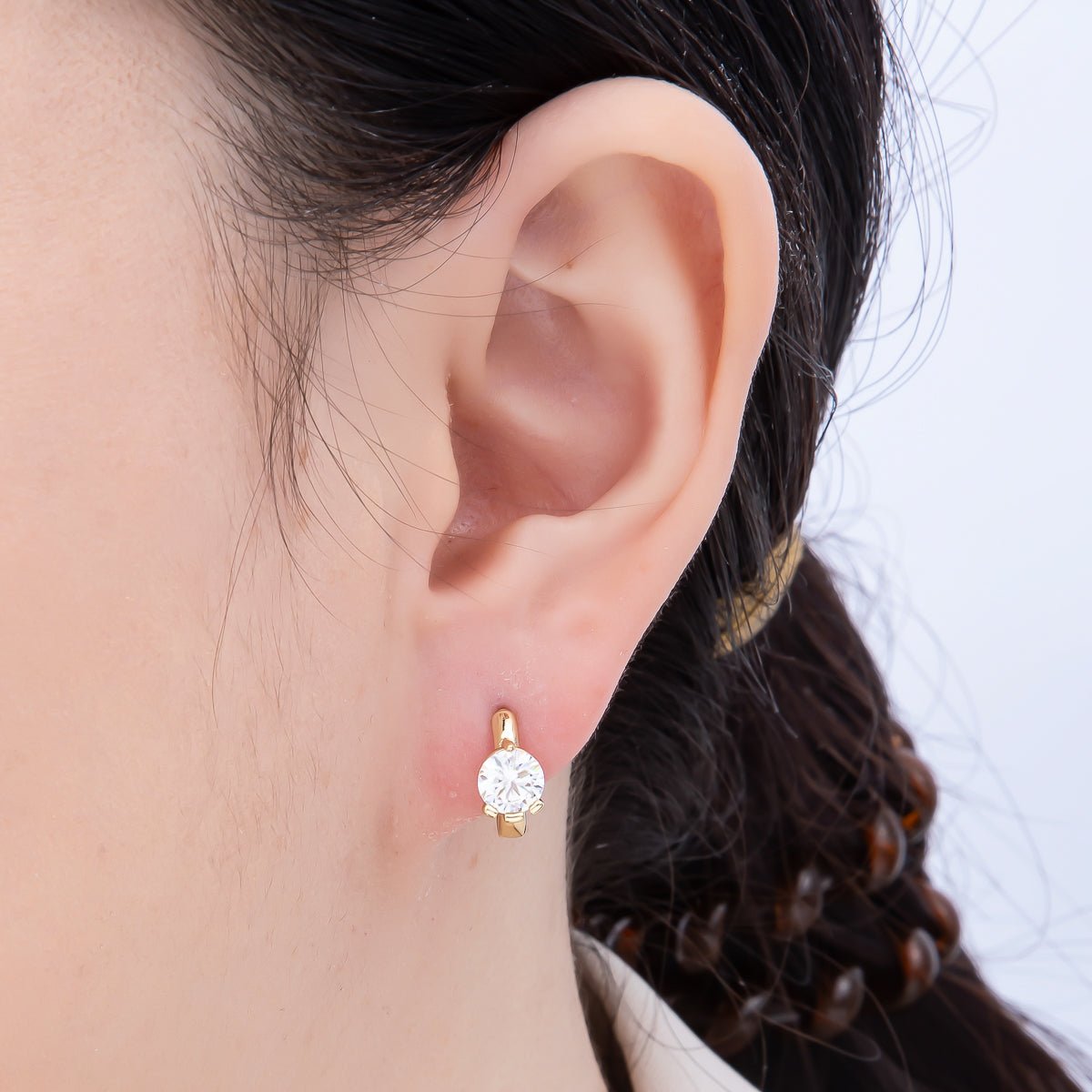 16K Gold Filled 14mm Clear Round CZ Solitaire Cartilage Huggie Earrings | Earrings-00450 - DLUXCA