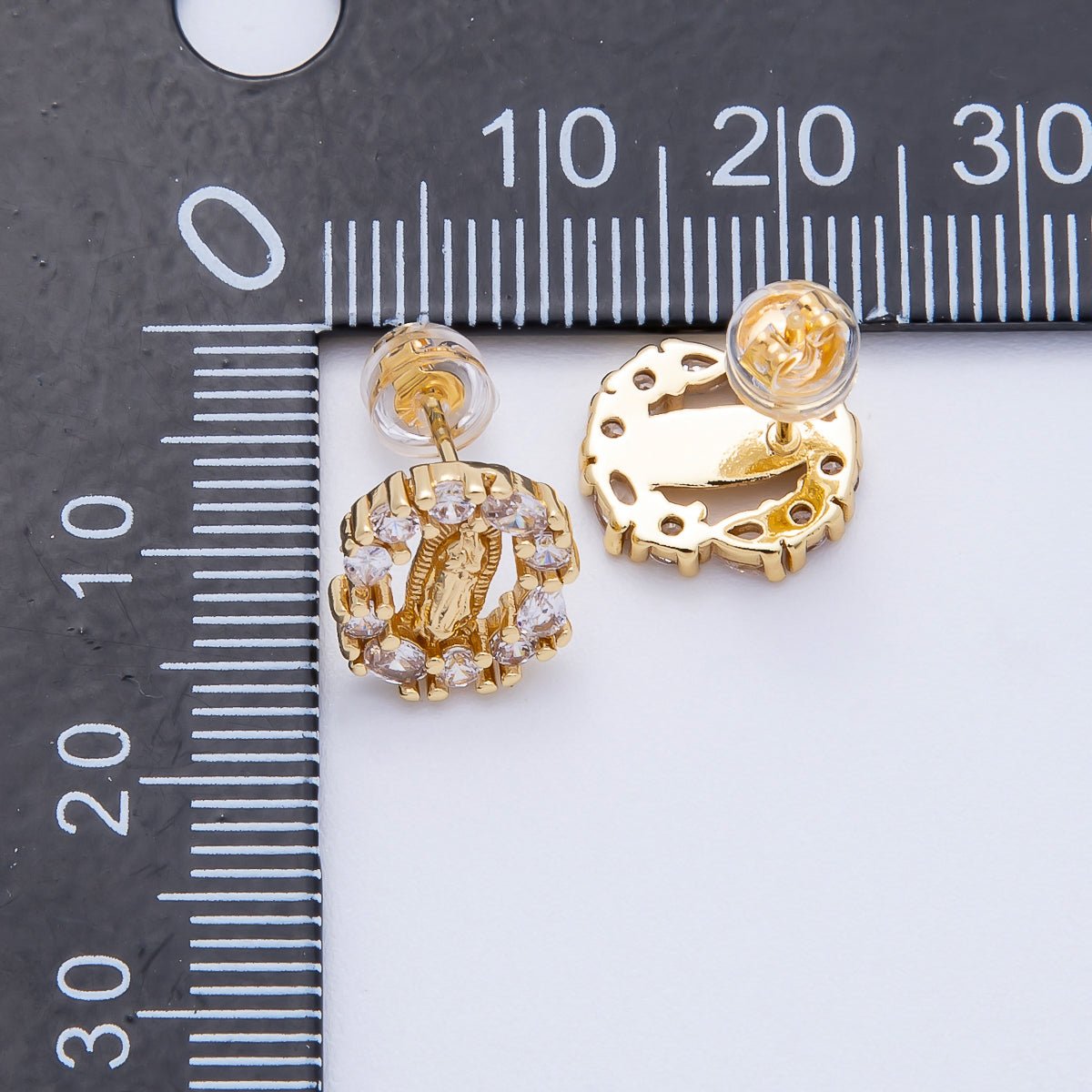 16K Gold Filled 14mm Lady Guadalupe Multi Cut CZ Open Oval Religious Stud Earrings | Earrings - 00350 - DLUXCA