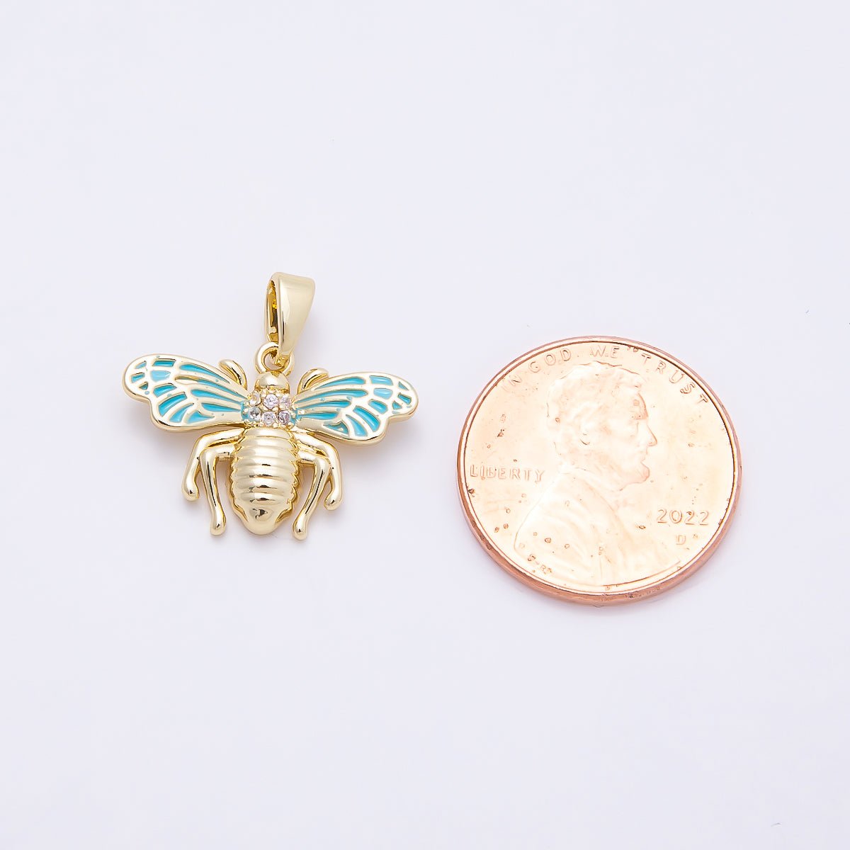 16K Gold Filled 14mm Micro Paved CZ Blue Enamel Bumble Bee Insect Pendant | Charms-00951 - DLUXCA