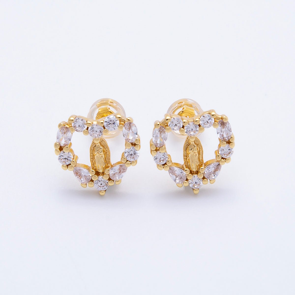 16K Gold Filled 14mm Micro Paved CZ Open Heart Religious Stud Earrings | Earrings - 00349 - DLUXCA