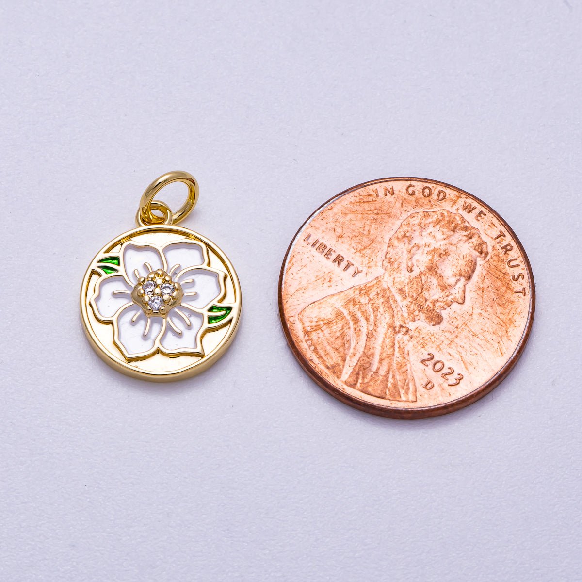 16K Gold Filled 14mm Micro Paved CZ White Enamel Lotus Flower Round Charm | Charms - 00546 - DLUXCA