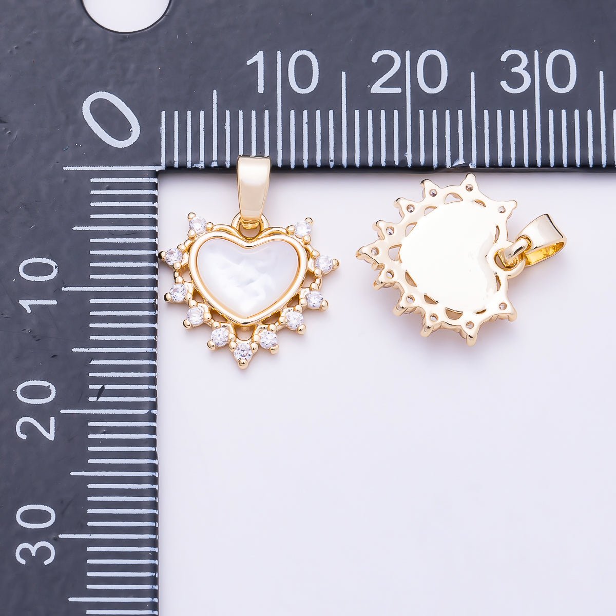 16K Gold Filled 14mm Mother of Pearl Heart CZ Sunburst Pendant | Charms-01683 - DLUXCA
