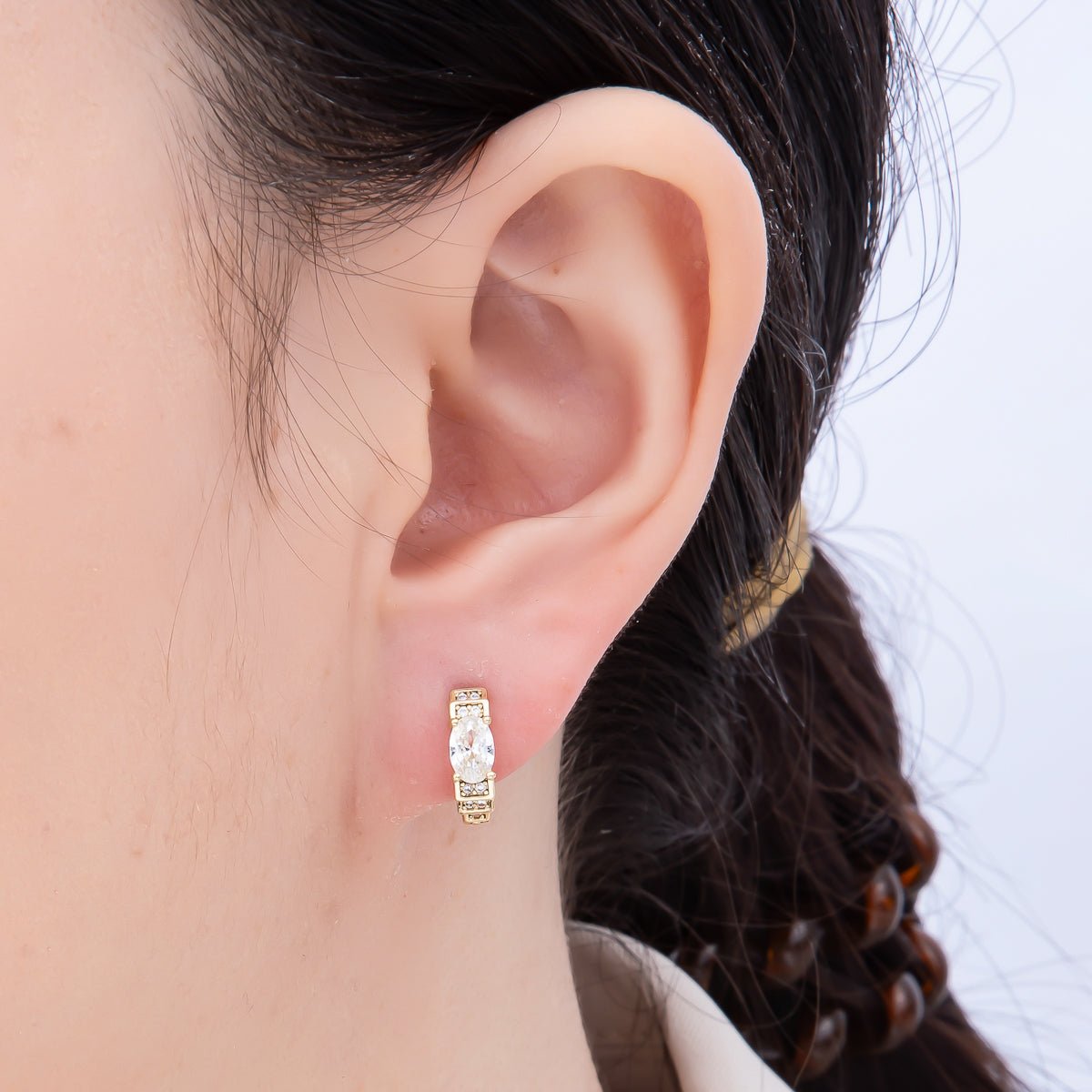 16K Gold Filled 14mm Oval Micro Paved CZ Geometric Huggie Earrings | Earrings-00440 - DLUXCA