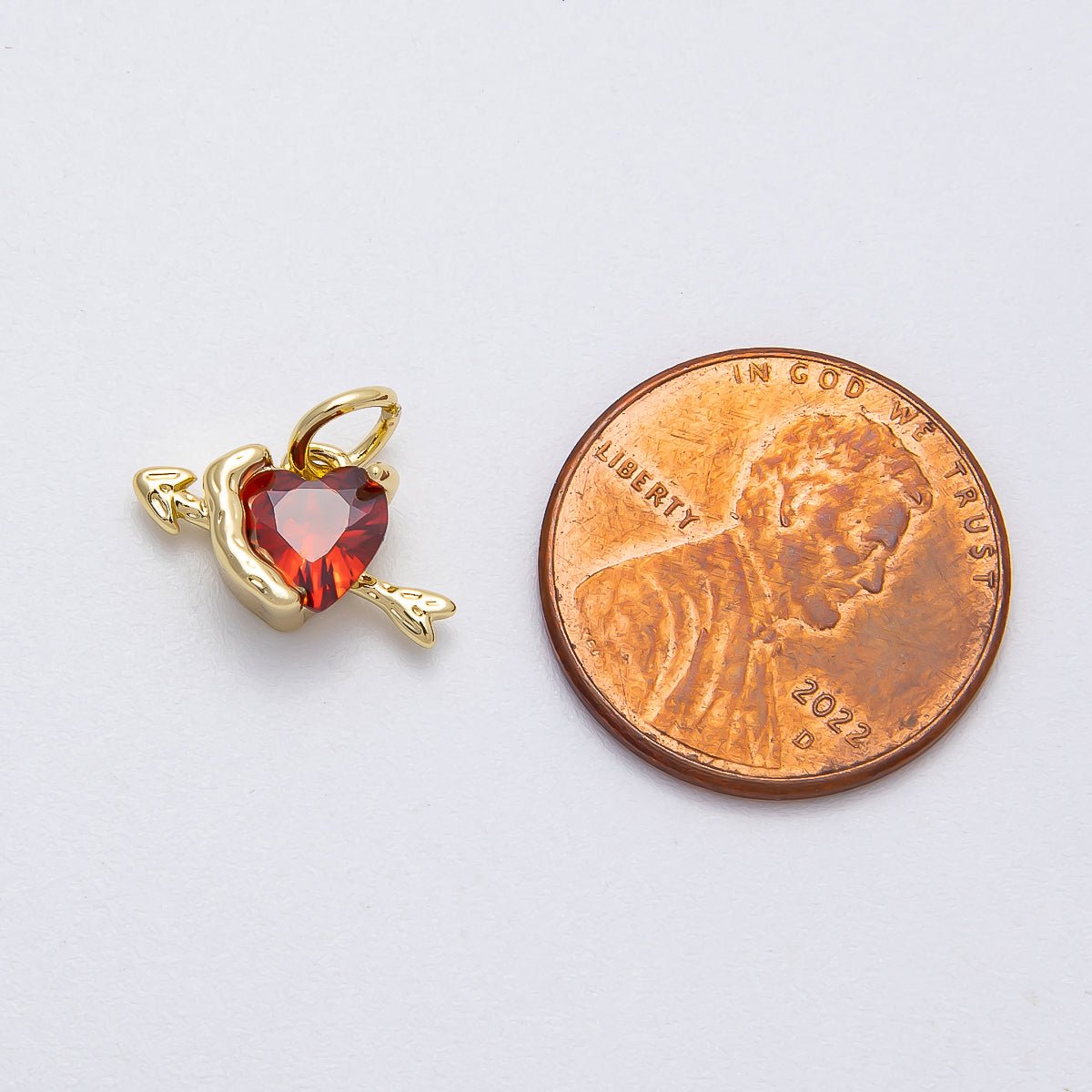 16K Gold Filled 14mm Red CZ Cupid Arrow Heart Mini Charm | Charms - 00460 - DLUXCA