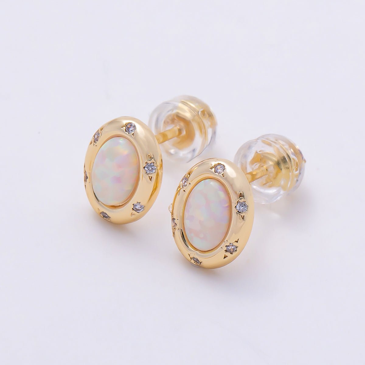 16K Gold Filled 14mm White, Blue Opal CZ Dotted Oval Bezel Stud Earrings | Earrings-00462- Earrings-00463 - DLUXCA