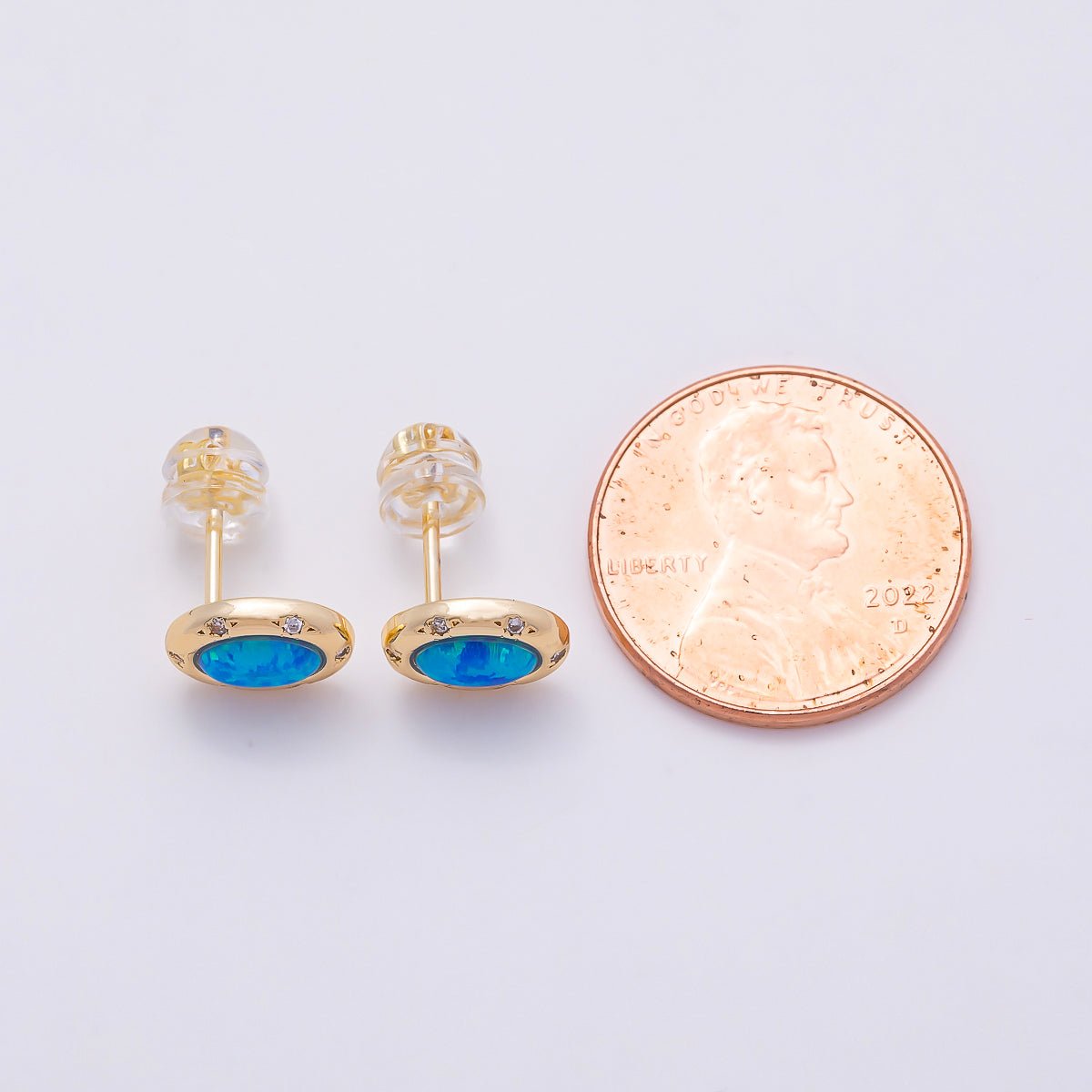 16K Gold Filled 14mm White, Blue Opal CZ Dotted Oval Bezel Stud Earrings | Earrings-00462- Earrings-00463 - DLUXCA