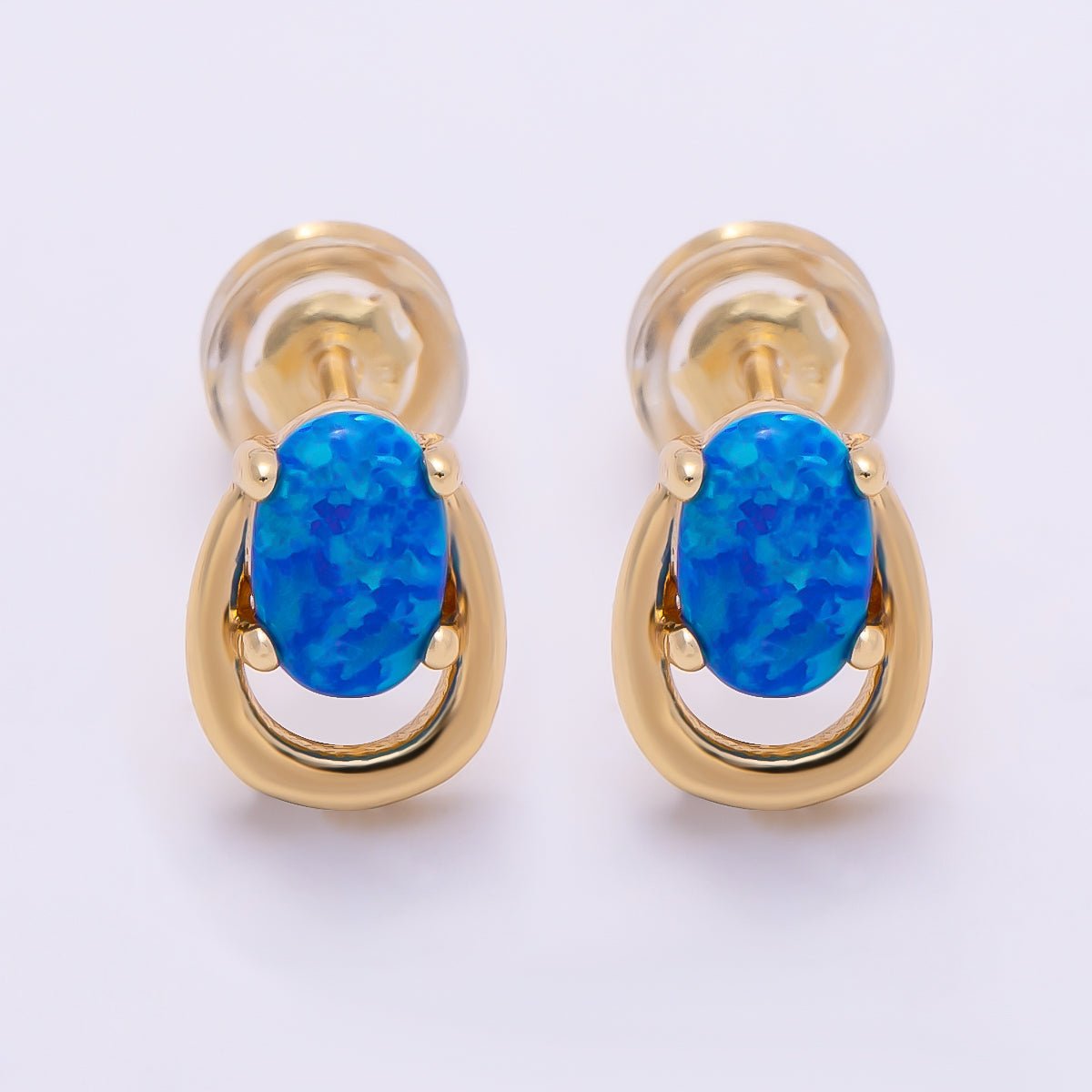 16K Gold Filled 14mm White, Blue Opal Gemstone Open Bezel Stud Earrings | Earrings-00460 Earrings-00461 - DLUXCA