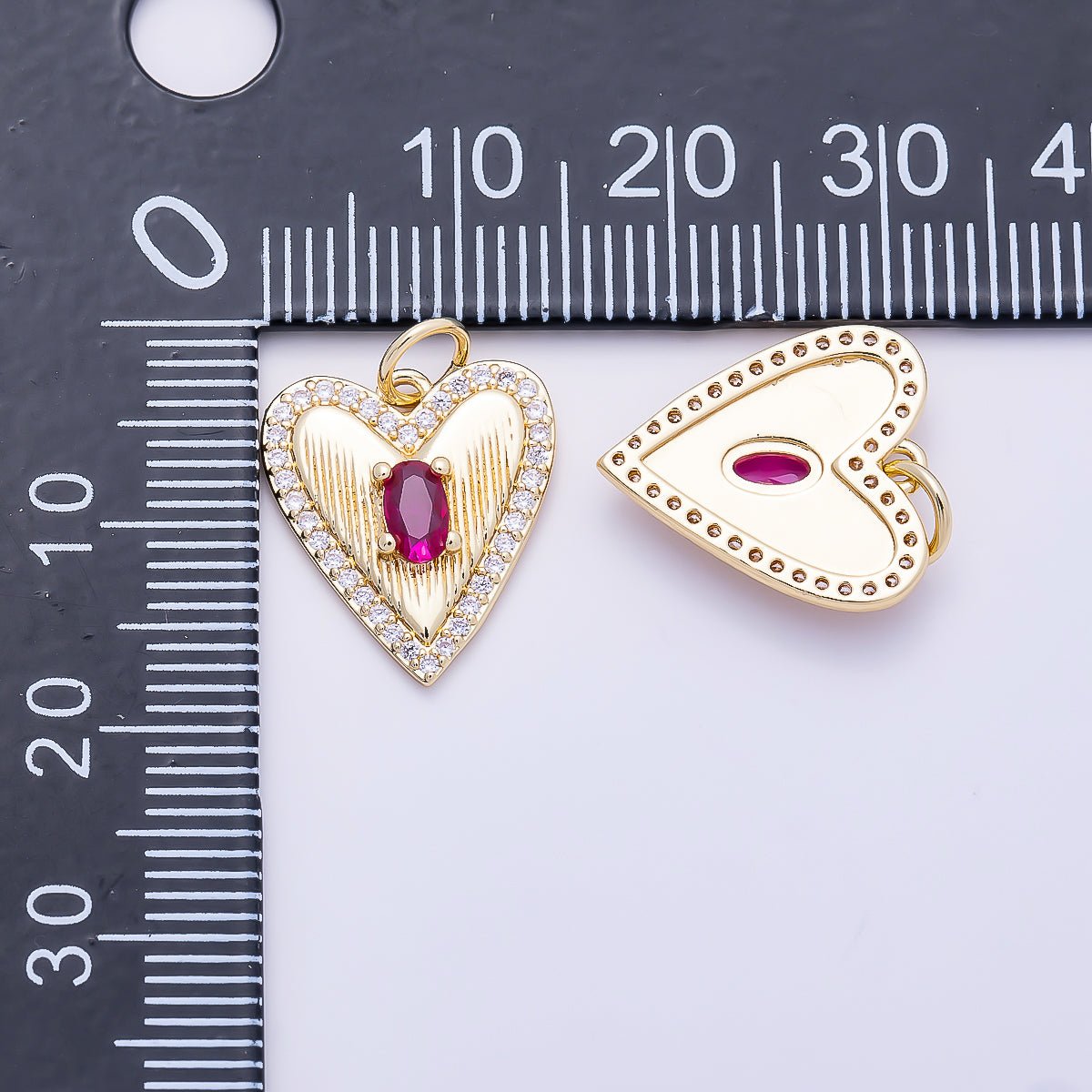 16K Gold Filled 15.5mm Fuchsia Oval CZ Micro Paved Ribbed Heart Charm | Charms-01272 - DLUXCA