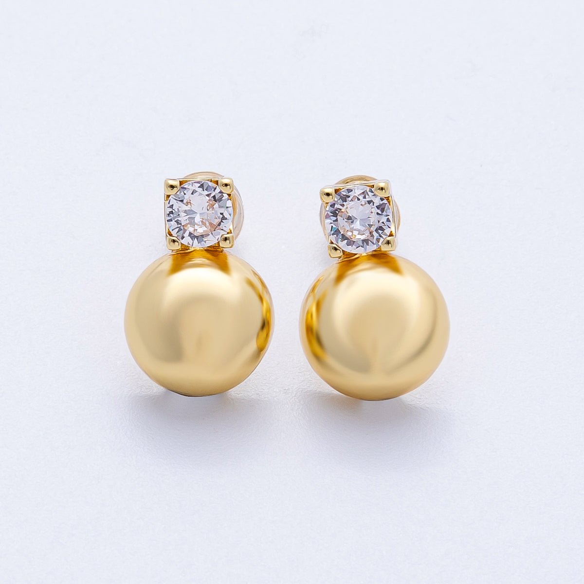 16K Gold Filled 15mm Clear CZ Dome Round Ball Stud | Earrings - 00233 - DLUXCA