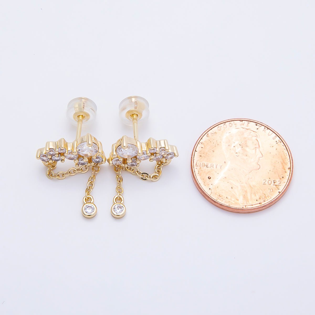 16K Gold Filled 15mm Clear CZ Round Cluster Chain Drop Stud | Earrings-00652 - DLUXCA