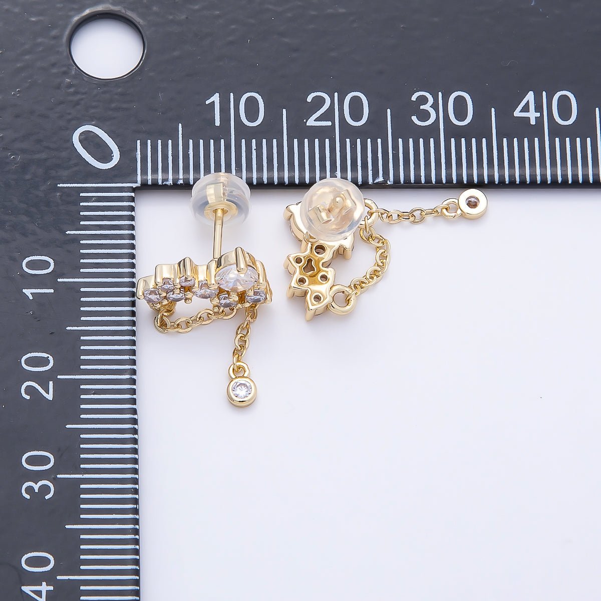 16K Gold Filled 15mm Clear CZ Round Cluster Chain Drop Stud | Earrings-00652 - DLUXCA