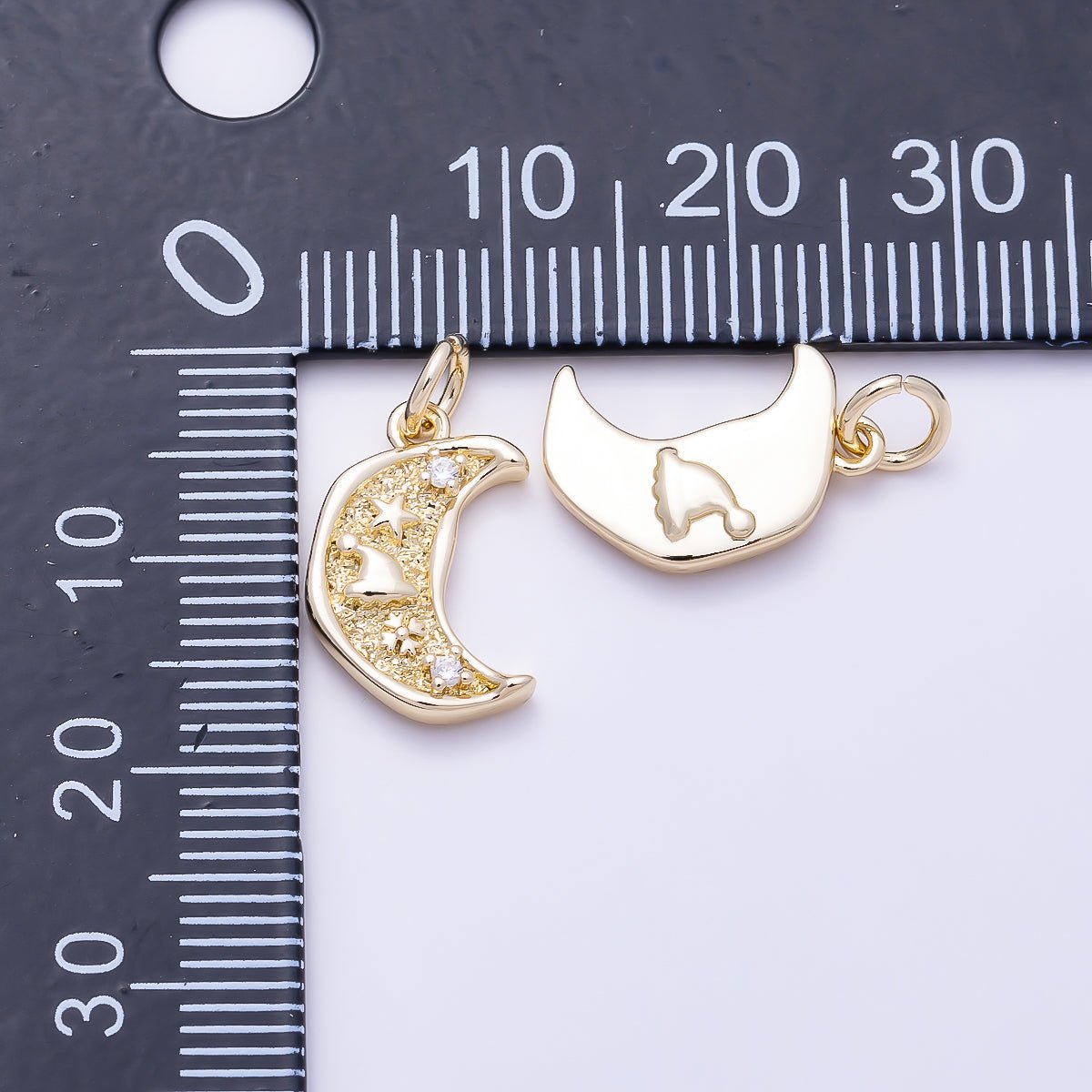16K Gold Filled 15mm Clear CZ Textured Celestial Crescent Moon Charm | Charms-01646 - DLUXCA