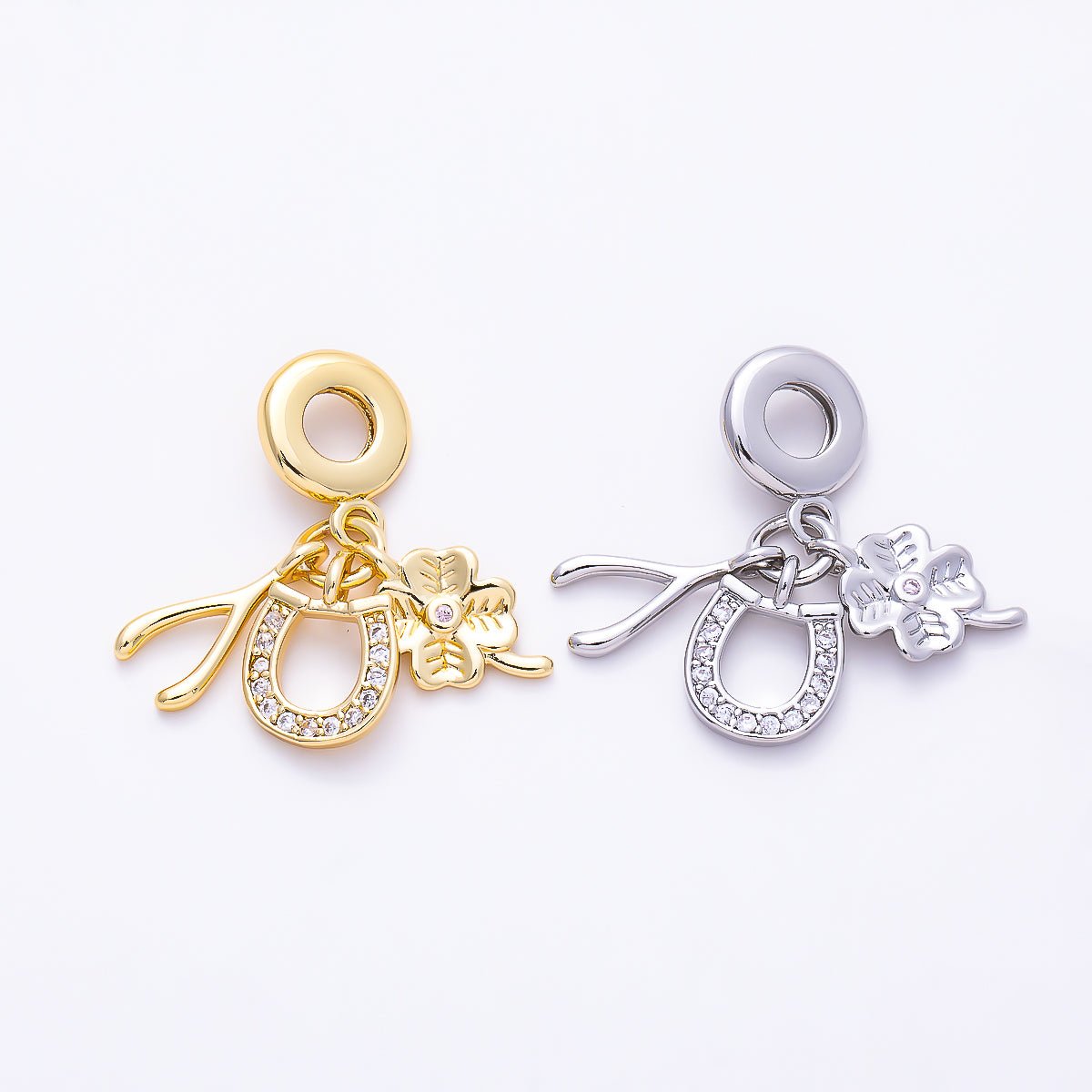 16K Gold Filled 15mm Micro Paved CZ Horseshoe Clover Wishbone Lucky Drop Rondelle Pendant in Gold & Silver | Charms-01512 - Charms-01513 - DLUXCA