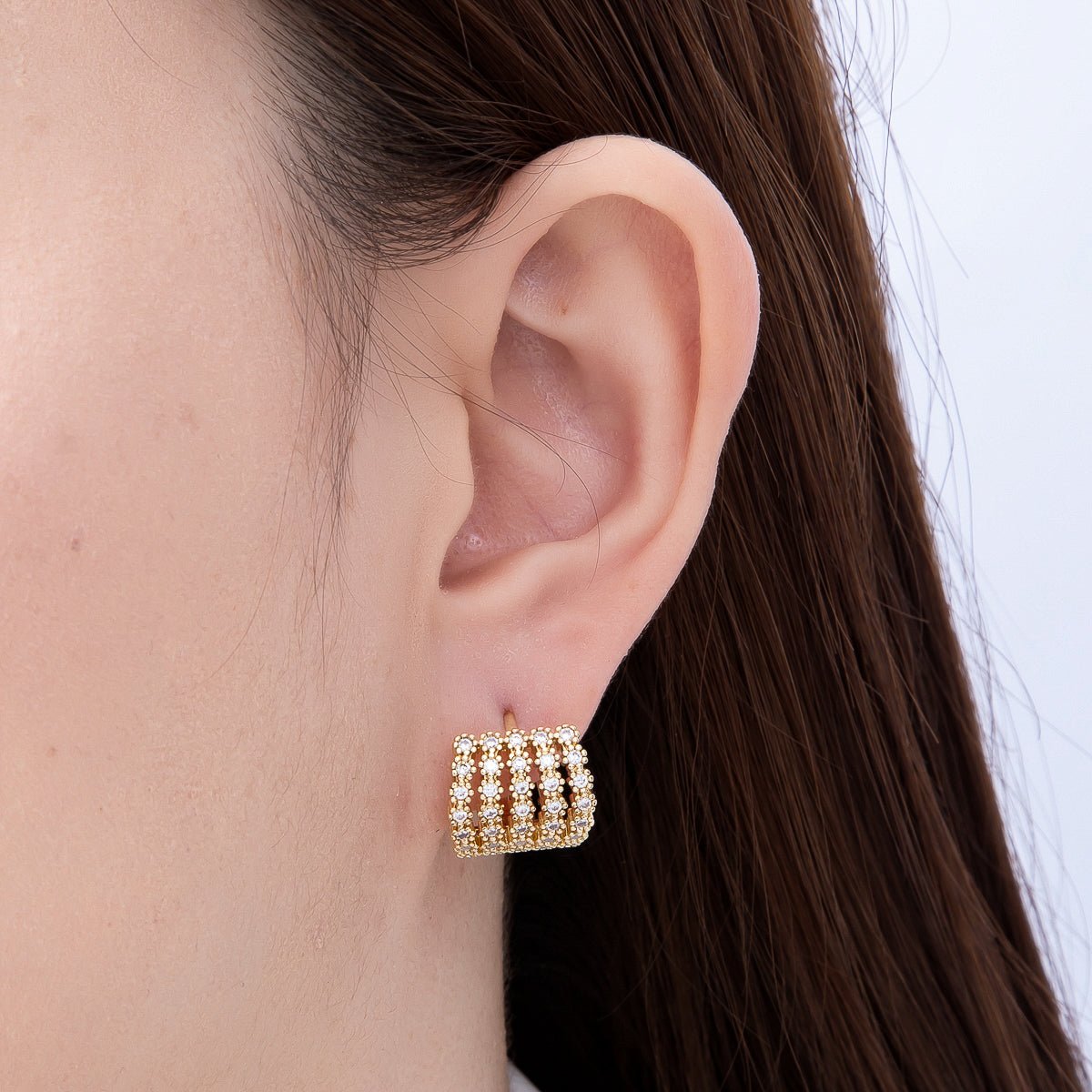 16K Gold Filled 15mm Micro Paved CZ Multiple Band Claw Cartilage Huggie | Earrings-00721 - DLUXCA