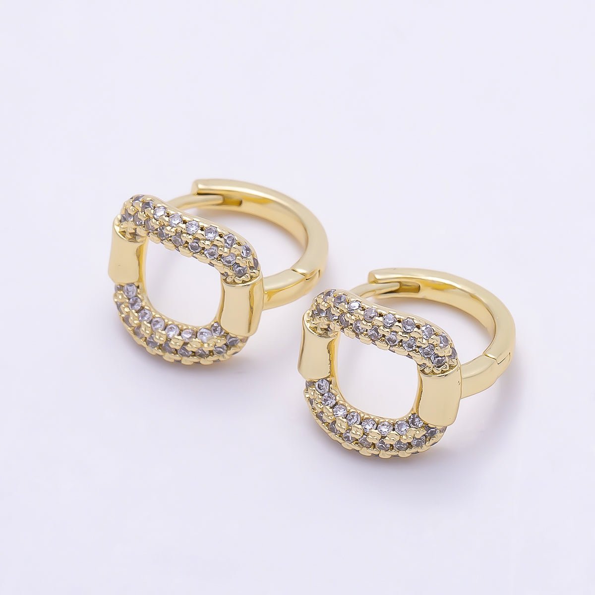 16K Gold Filled 15mm Micro Paved CZ Open Square Huggie Hoop | Earrings-00684 - DLUXCA
