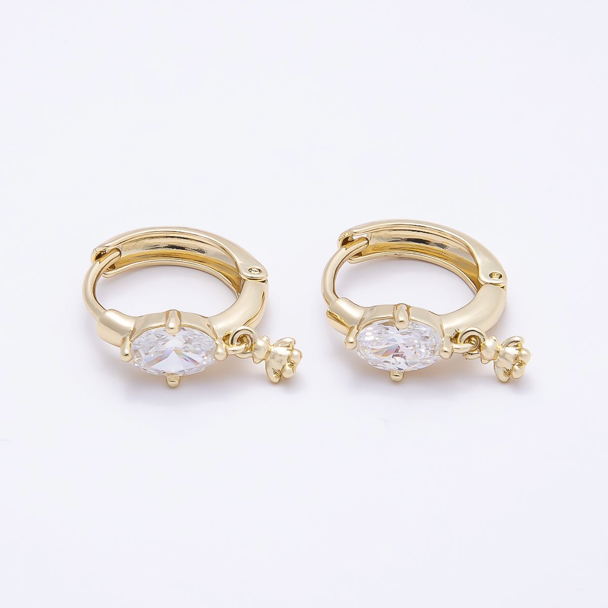 16K Gold Filled 15mm Oval Clear CZ Teddy Bear Drop Huggie Earrings | Earrings-00445 - DLUXCA