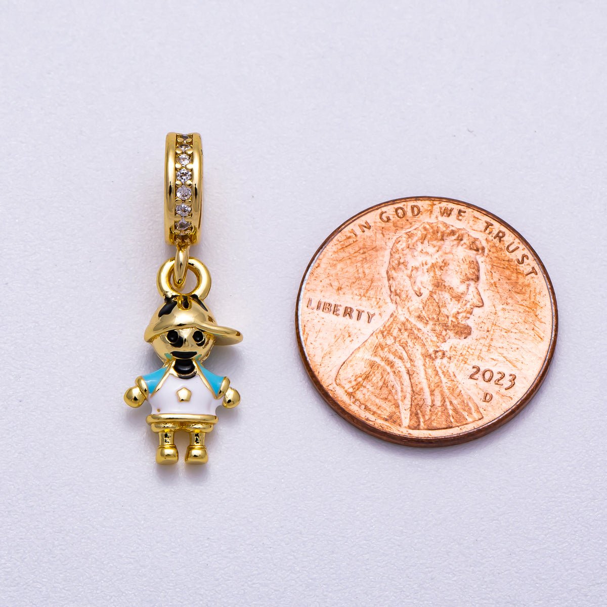 16K Gold Filled 15mm Pink, Blue Enamel Little Girl Boy Micro Paved CZ Rondelle Drop Pendant | Charms - 00622 Charms - 00623 - DLUXCA