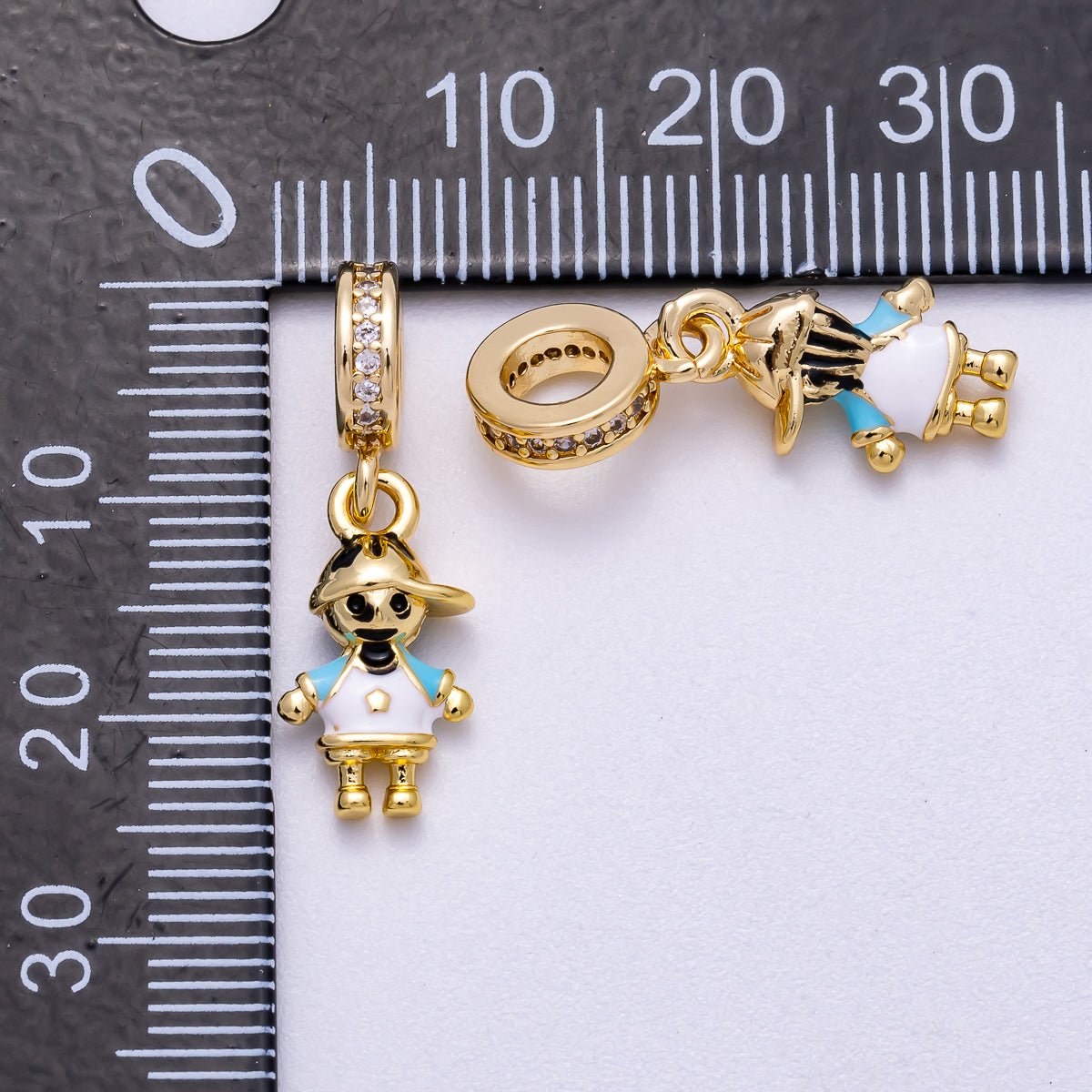 16K Gold Filled 15mm Pink, Blue Enamel Little Girl Boy Micro Paved CZ Rondelle Drop Pendant | Charms - 00622 Charms - 00623 - DLUXCA