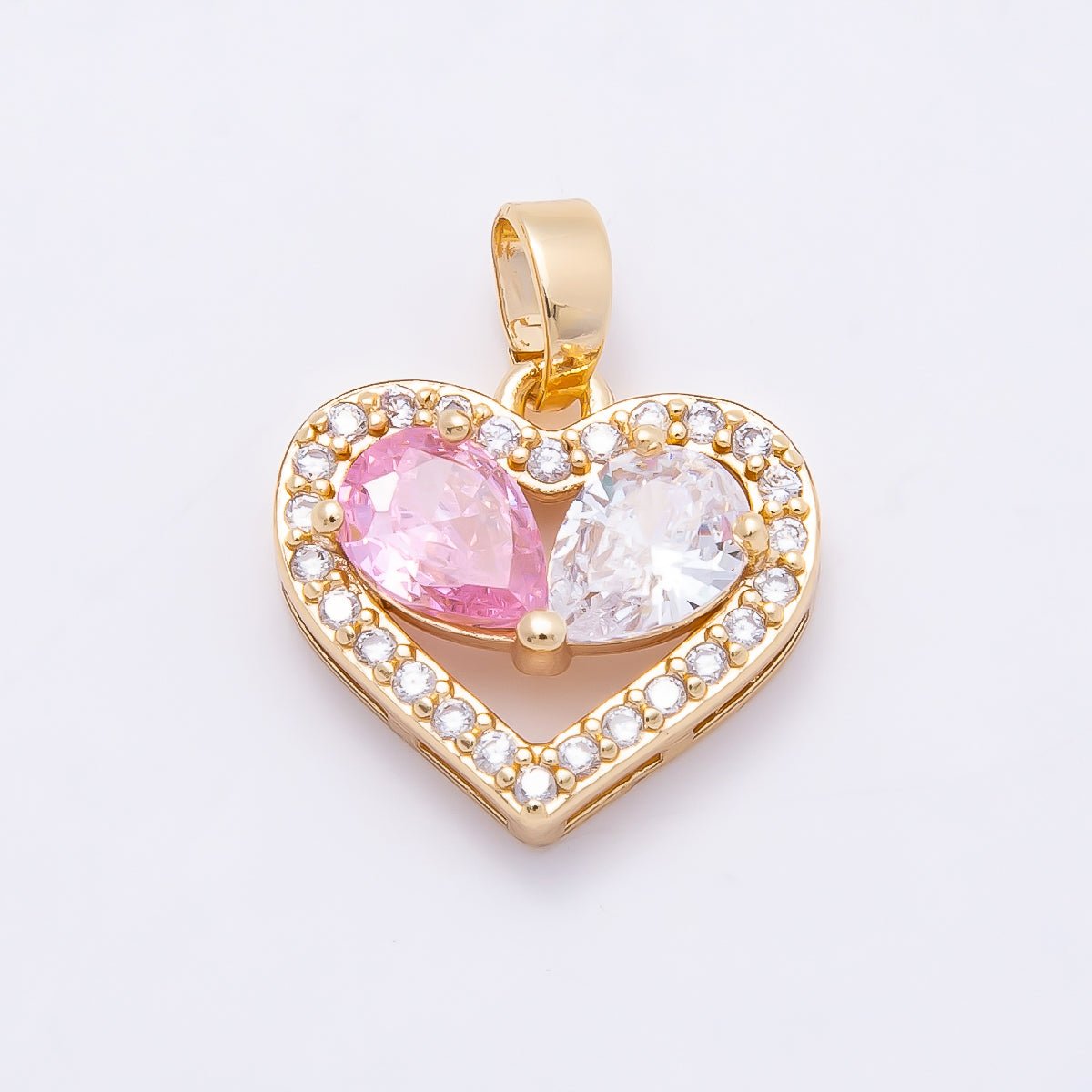 16K Gold Filled 15mm Pink Clear Micro Paved CZ Teardrop Open Heart Pendant | Charms-01043 - DLUXCA