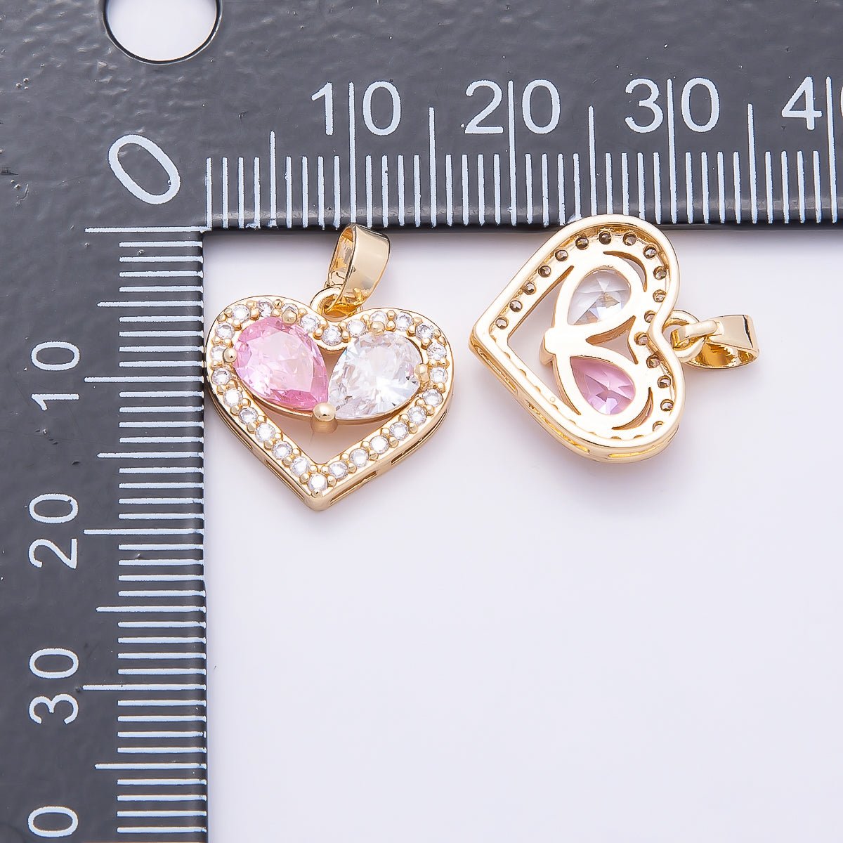 16K Gold Filled 15mm Pink Clear Micro Paved CZ Teardrop Open Heart Pendant | Charms-01043 - DLUXCA