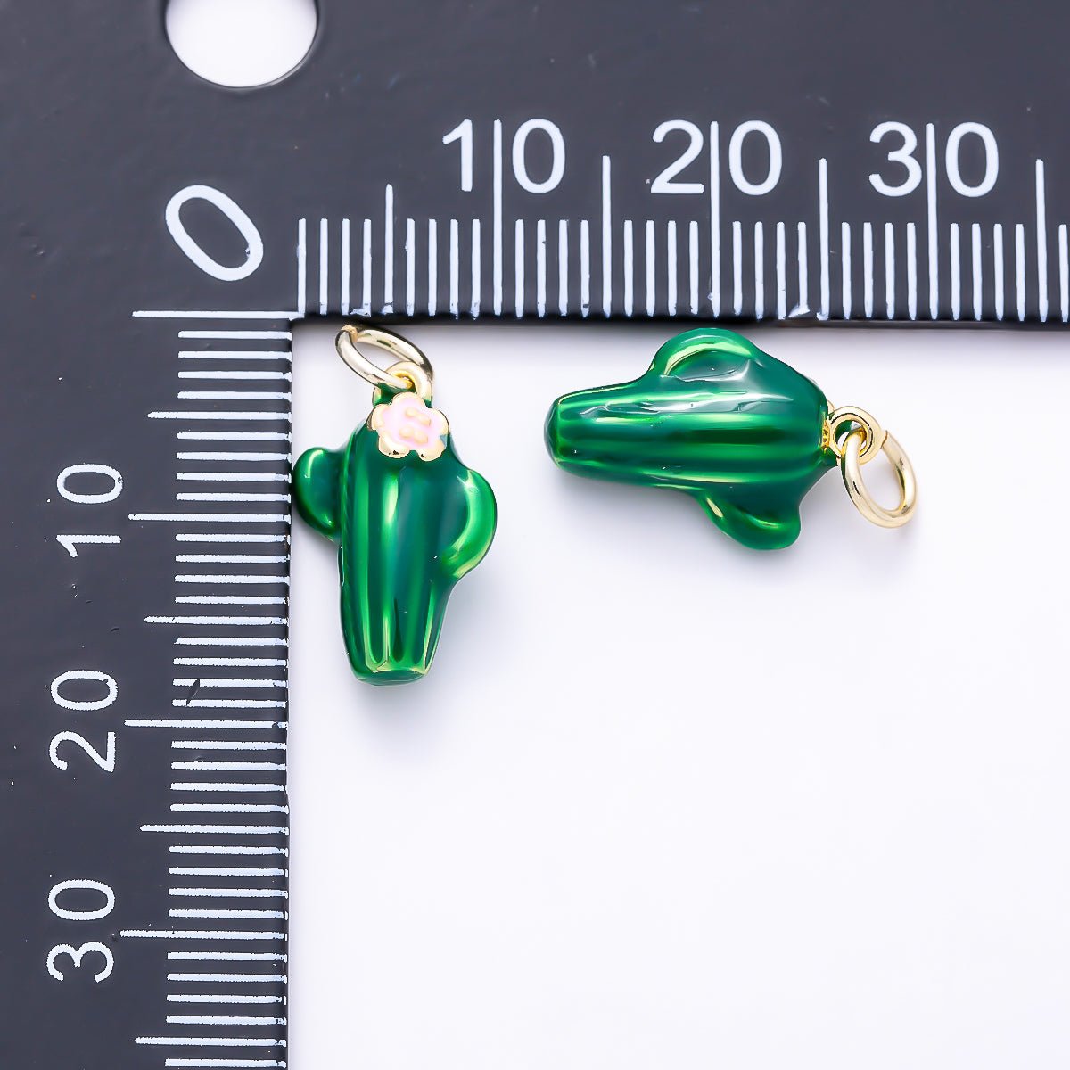 16K Gold Filled 15mm Pink Flower Green Enamel Plant Cactus Charm | Charms-01511 - DLUXCA