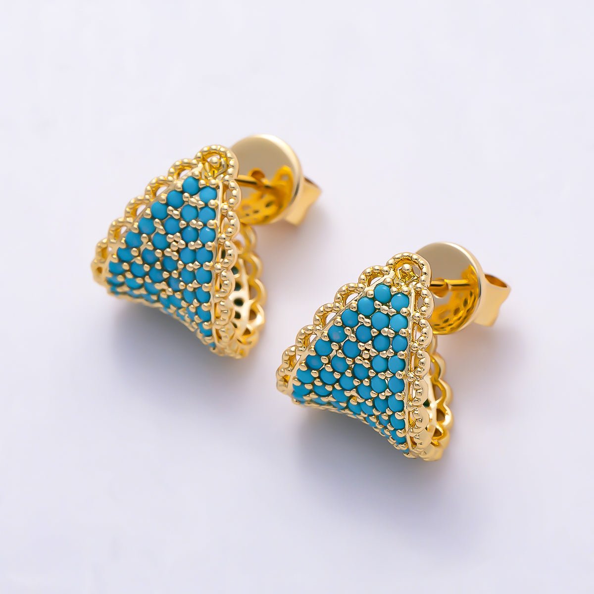 16K Gold Filled 15mm Turquoise Micro Paved CZ Lace Curved Triangle Stud Earrings | Earrings-00835 - DLUXCA