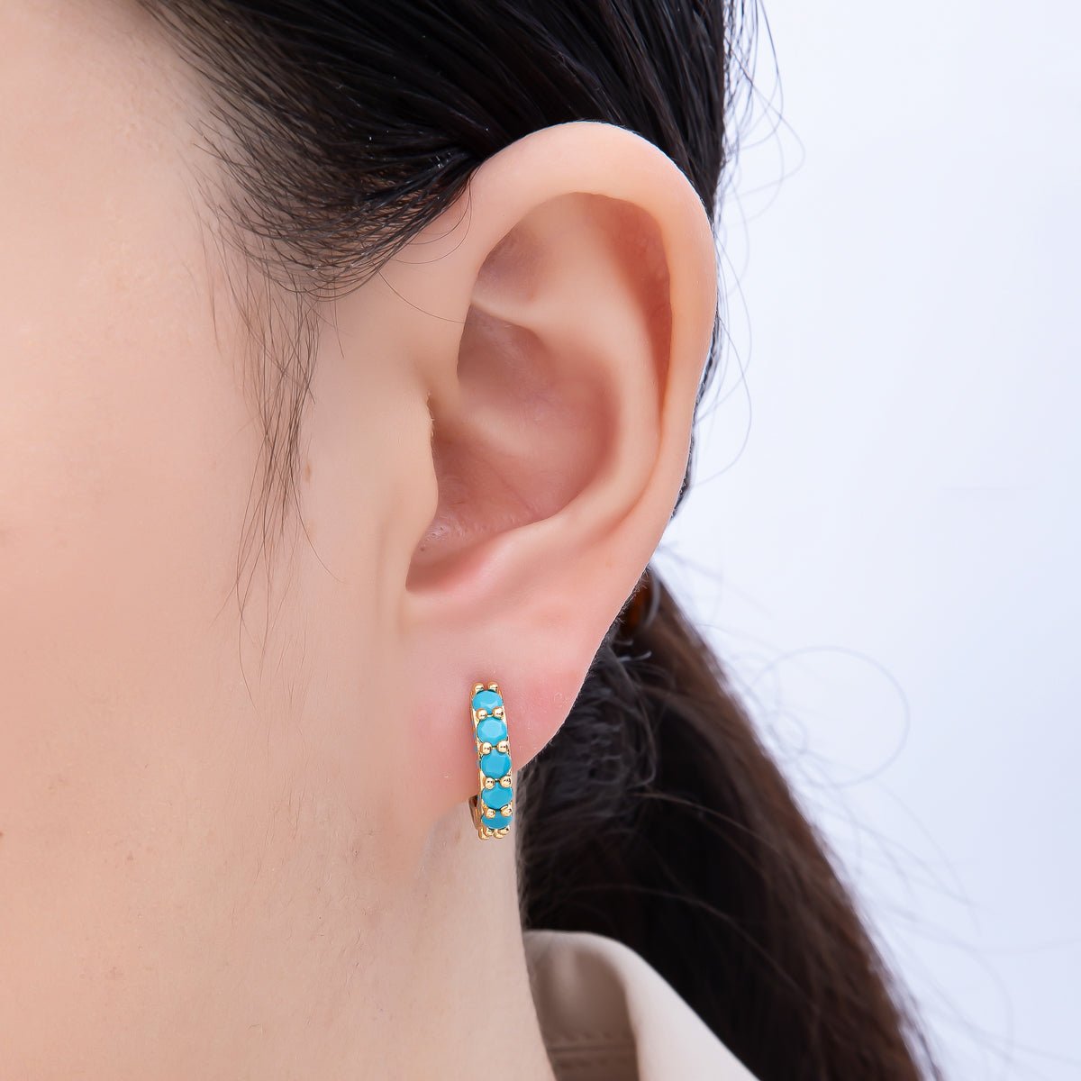 16K Gold Filled 15mm Turquoise Micro Paved Round Huggie Earrings | Earrings - 00367 - DLUXCA
