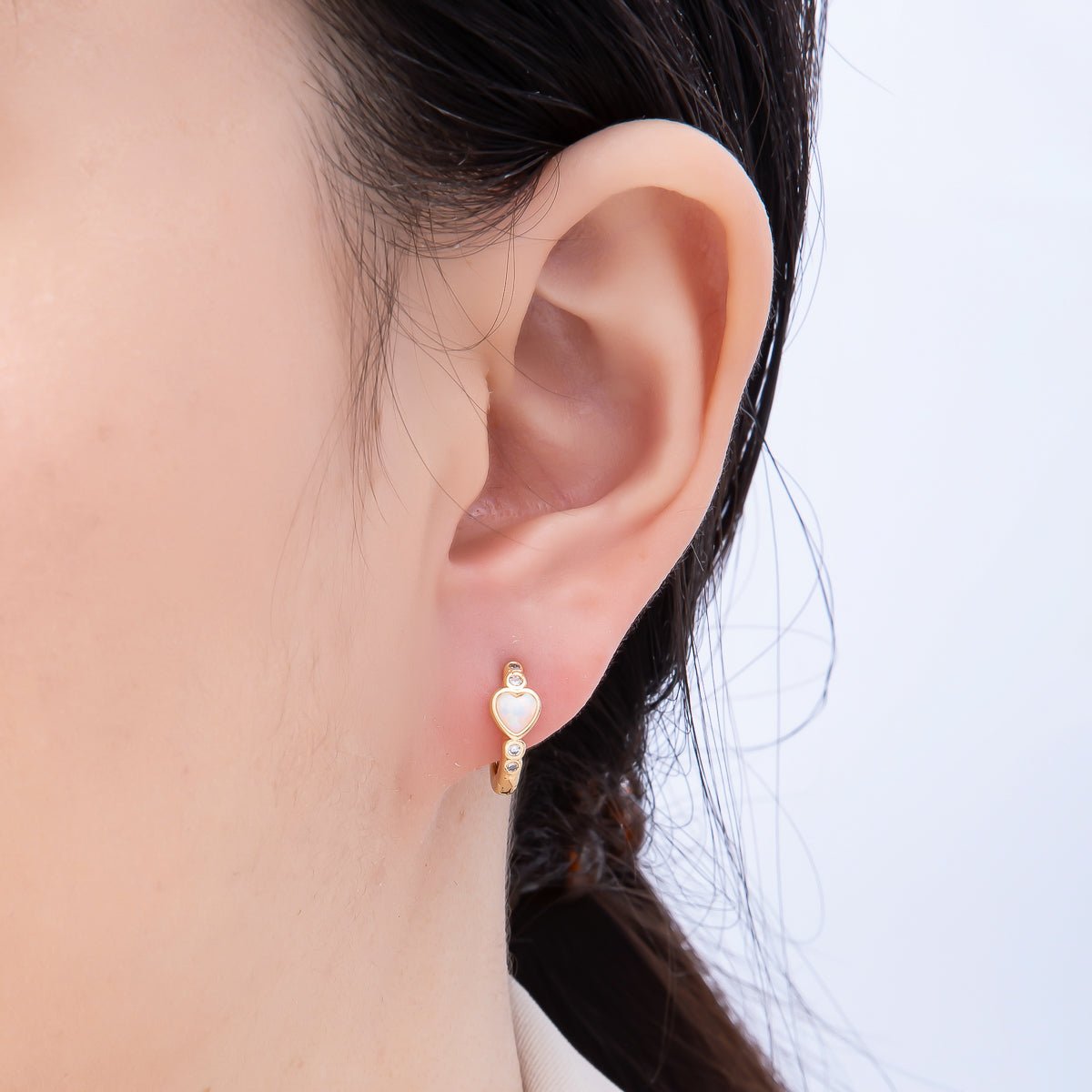 16K Gold Filled 15mm White Opal Clear CZ Dotted Heart Cartilage Huggie Earrings | Earrings-00427 - DLUXCA