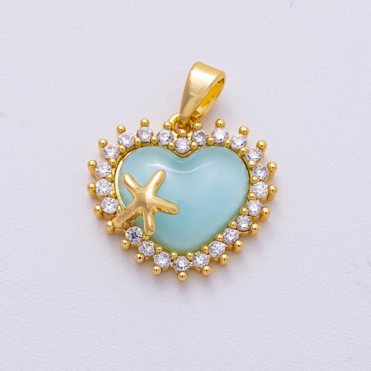 16K Gold Filled 15mm White, Pink, Blue Opal Micro Paved CZ Starfish Heart Pendant | Charms - 00483 ~ Charms - 00485 - DLUXCA