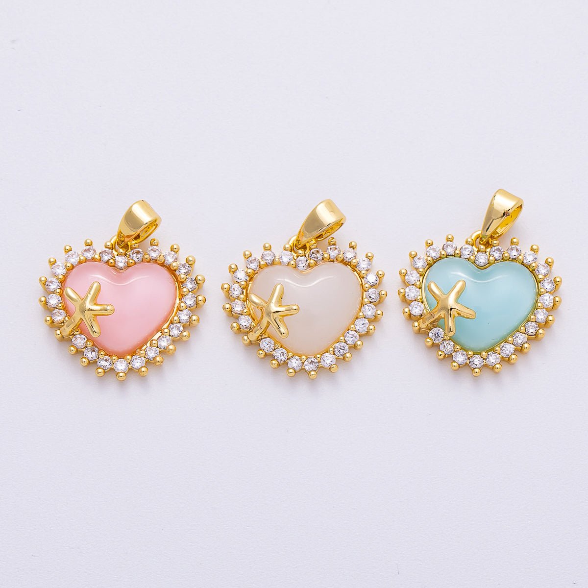 16K Gold Filled 15mm White, Pink, Blue Opal Micro Paved CZ Starfish Heart Pendant | Charms - 00483 ~ Charms - 00485 - DLUXCA