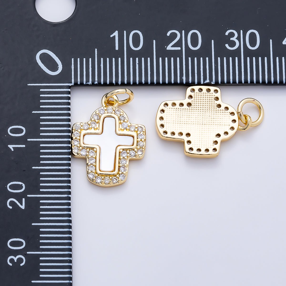 16K Gold Filled 16.5mm Shell Pearl Micro Paved CZ Cross Charm in Gold & Silver | Charms-01257 - DLUXCA