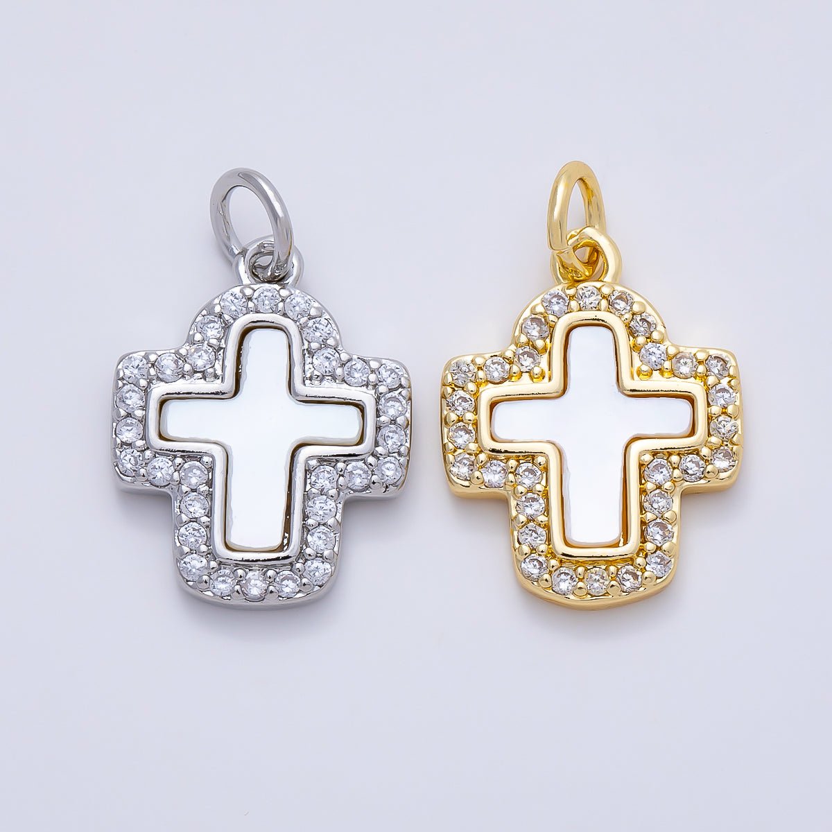 16K Gold Filled 16.5mm Shell Pearl Micro Paved CZ Cross Charm in Gold & Silver | Charms-01257 - DLUXCA