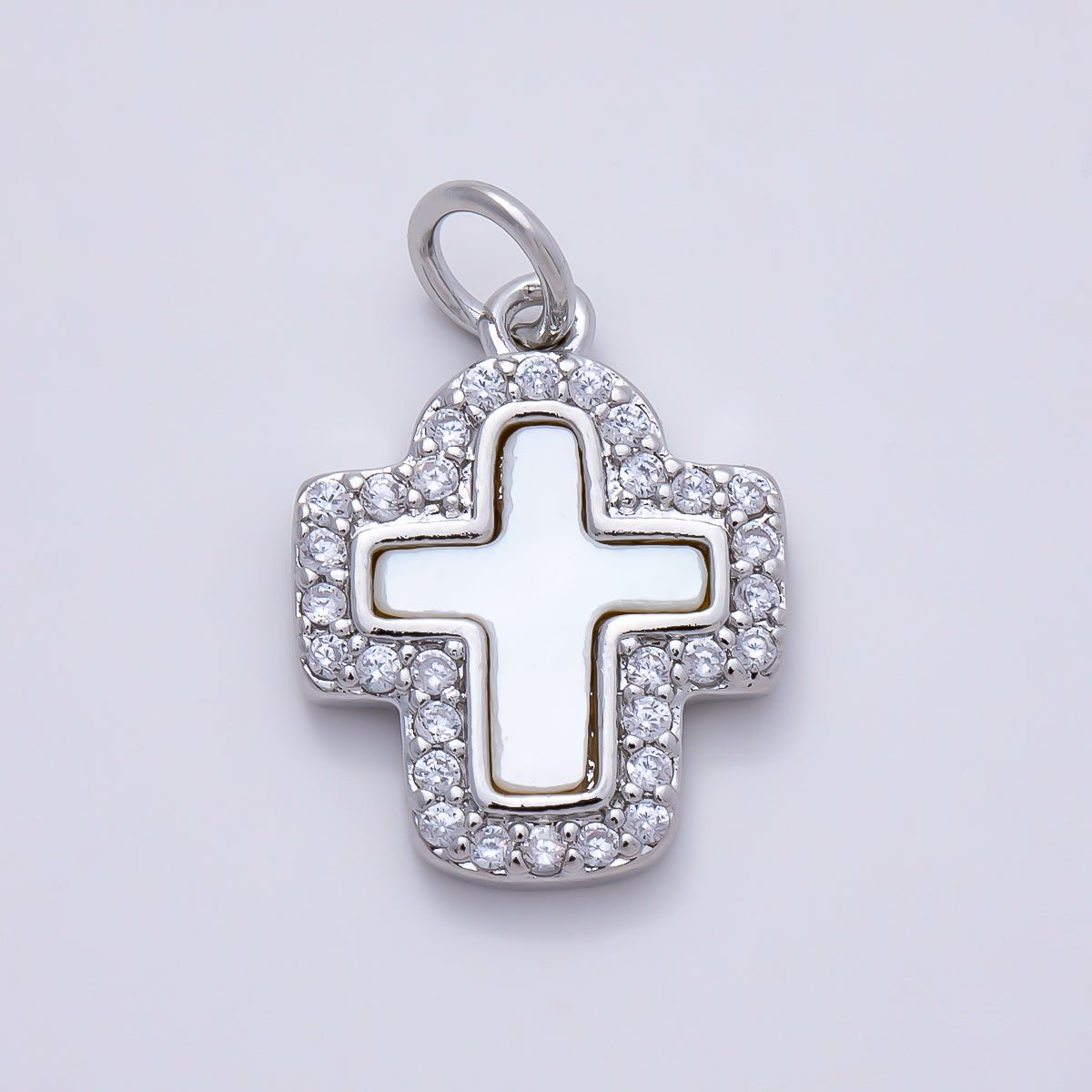 16K Gold Filled 16.5mm Shell Pearl Micro Paved CZ Cross Charm in Gold & Silver | Charms-01257 - DLUXCA