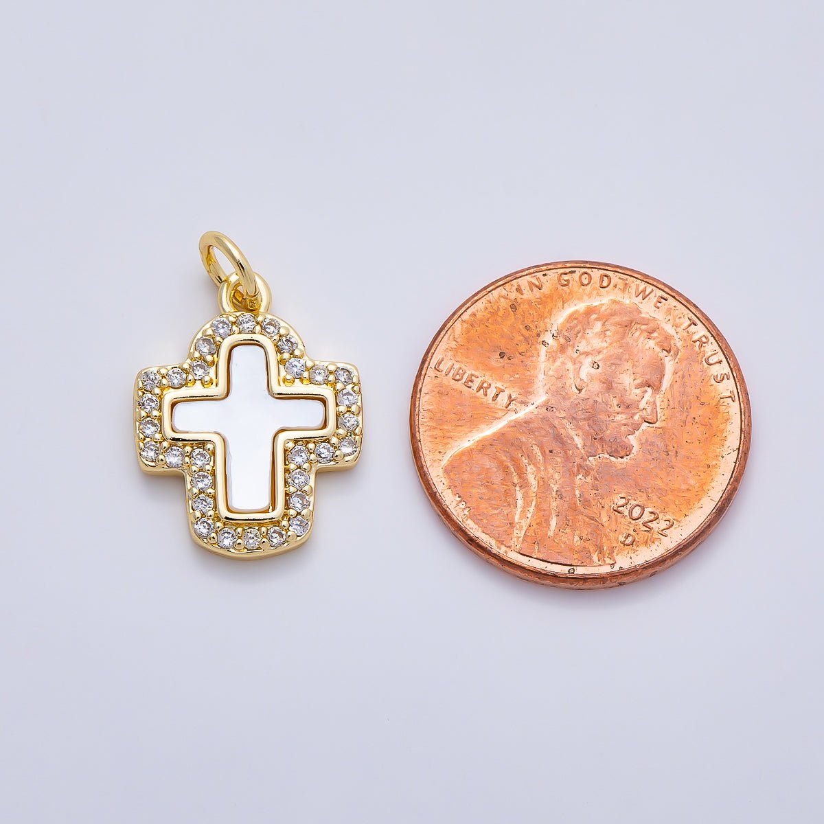 16K Gold Filled 16.5mm Shell Pearl Micro Paved CZ Cross Charm in Gold & Silver | Charms-01257 - DLUXCA