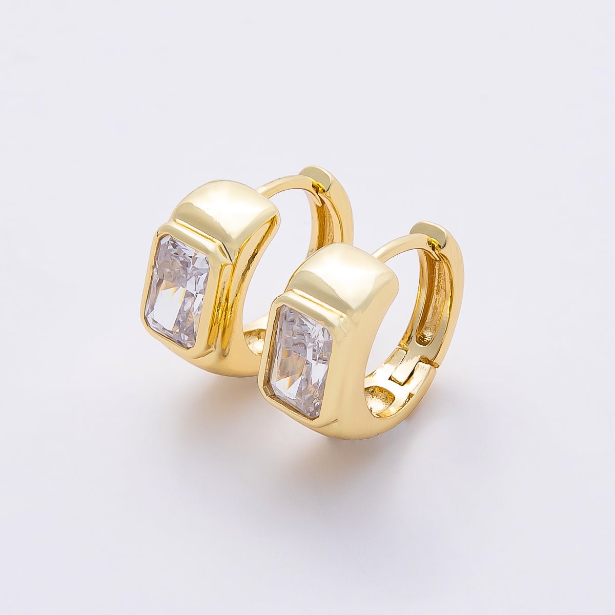 16K Gold Filled 16mm Baguette CZ Thick Huggie Hoop Earrings | Earrings - 00365 - DLUXCA