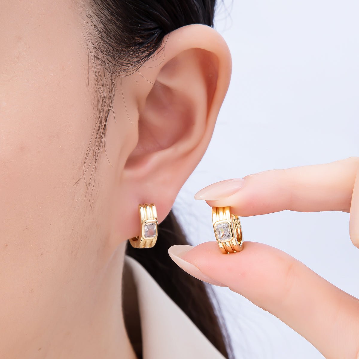 16K Gold Filled 16mm Baguette CZ Triple Band Hoop Earrings | Earrings - 00369 - DLUXCA
