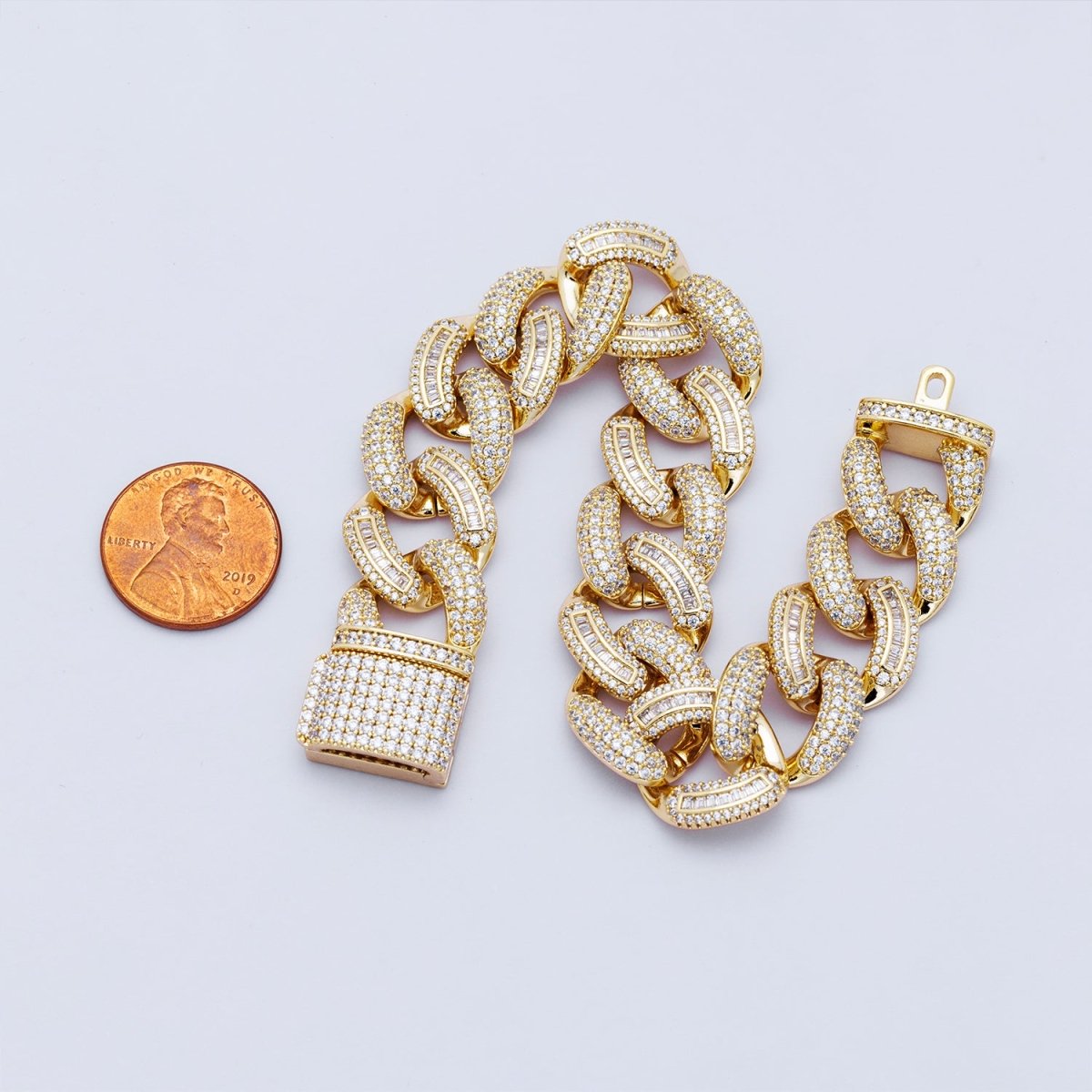 16K Gold Filled 16mm Baguette Micro Paved CZ Curb Chain 7.3 Inch Bracelet | WA - 04164 - DLUXCA