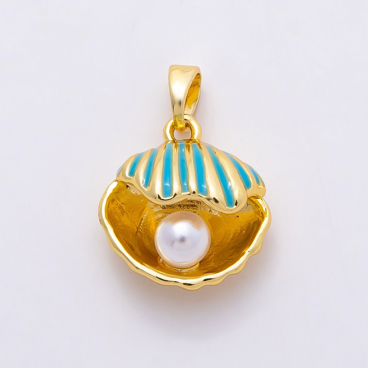 16K Gold Filled 16mm Blue Enamel Shell Pearl Clam Shell Pendant | Charms - 00809 - DLUXCA
