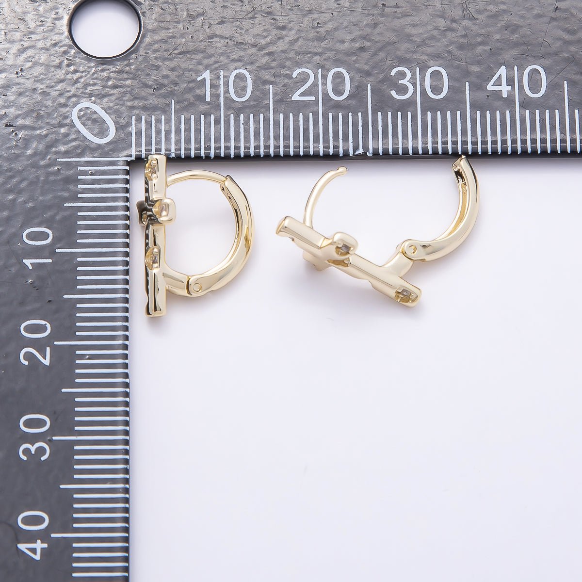 16K Gold Filled 16mm Clear CZ Dotted Cross Huggie Hoop Earrings | Earrings - 00392 - DLUXCA