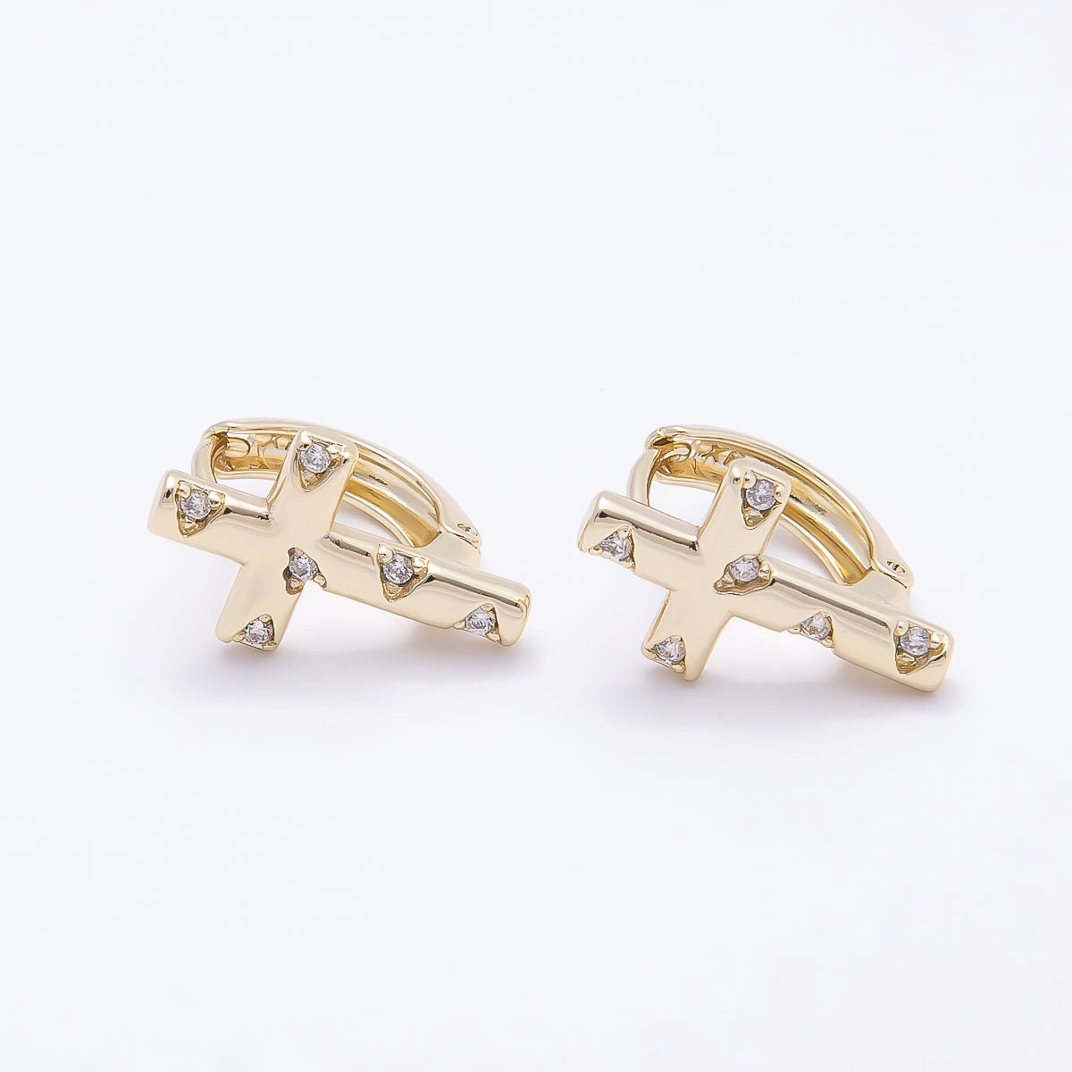 16K Gold Filled 16mm Clear CZ Dotted Cross Huggie Hoop Earrings | Earrings - 00392 - DLUXCA