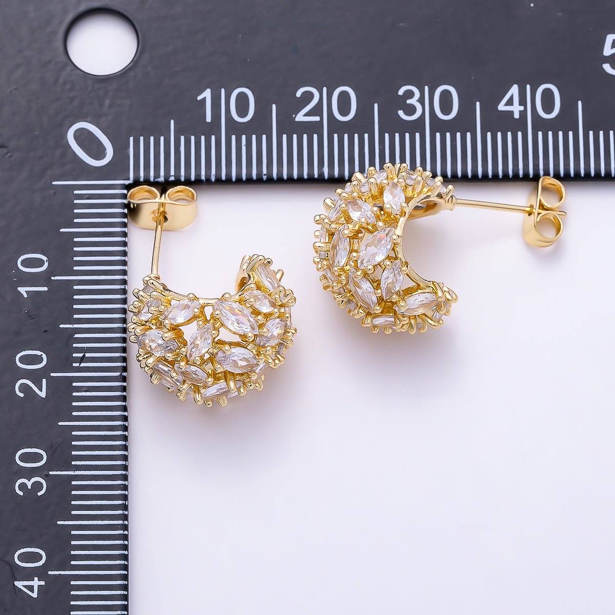16K Gold Filled 16mm Clear CZ Marquise Cluster C-Shaped Dome Hoop | Earrings-00723 - DLUXCA