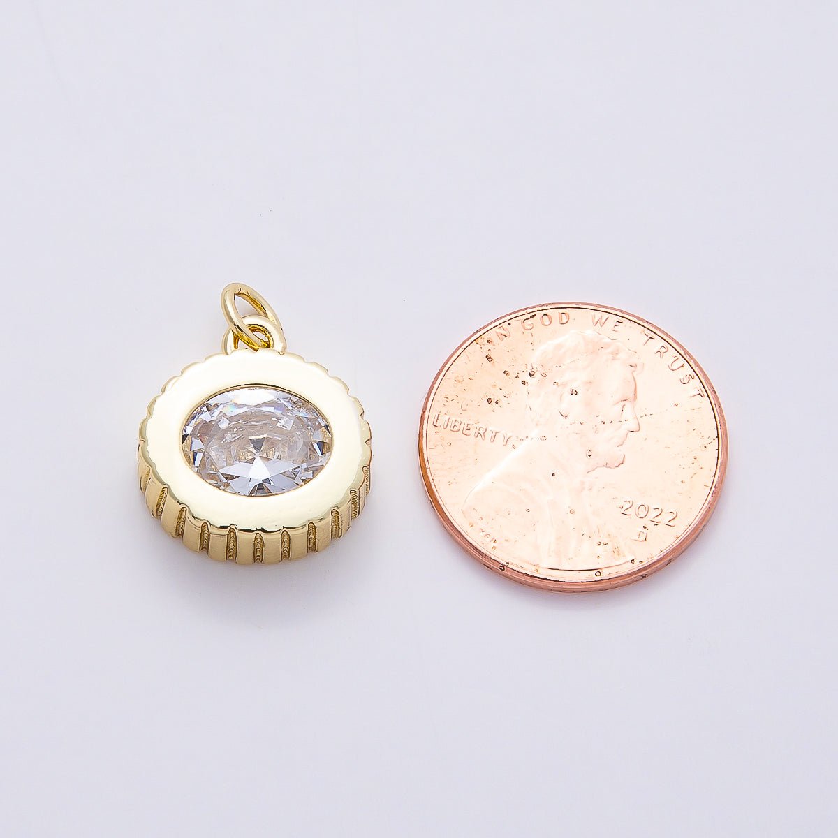 16K Gold Filled 16mm Clear CZ Ribbed Round Solitaire Charm | Charms - 00758 - DLUXCA