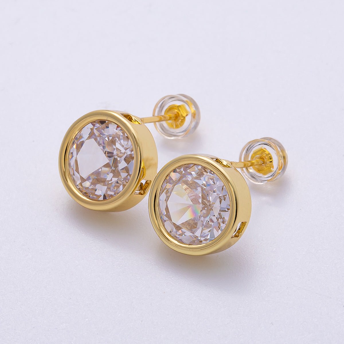 16K Gold Filled 16mm Clear CZ Round Bezel Solitaire Stud Earrings | Earrings - 00305 - DLUXCA
