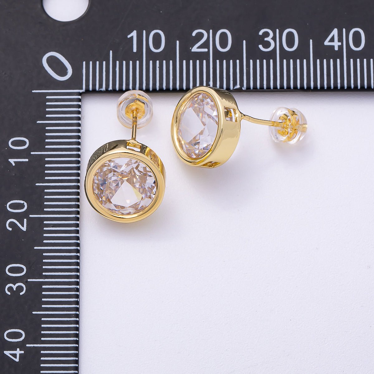 16K Gold Filled 16mm Clear CZ Round Bezel Solitaire Stud Earrings | Earrings - 00305 - DLUXCA